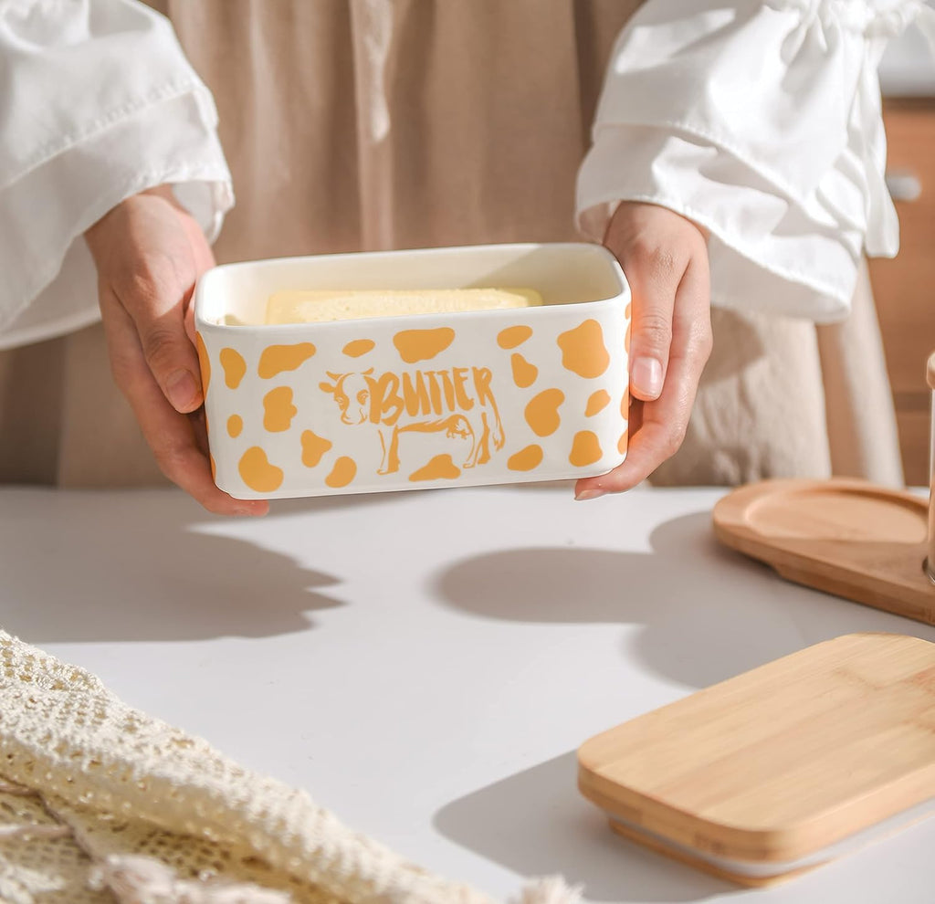 Butter Dish with Lid, Butter Dish with Lid for Countertop, White Butter Keeper Holds Up to 2 Sticks - Butter Holder and Container (Black butter me up, Large)