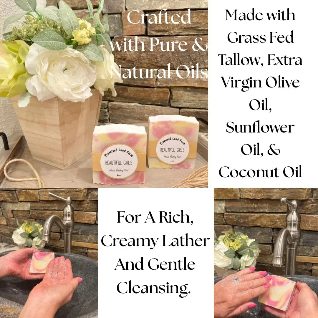 Grass-Fed Tallow Soap Bar 4 Pack | Handmade Natural Soap | Cherry Almond, Lemon Poppyseed, Mahogany Teak, Watermelon | Moisturizing Farm Soap For Face & Body | Cold Process - Handmade Lifestyle Shop