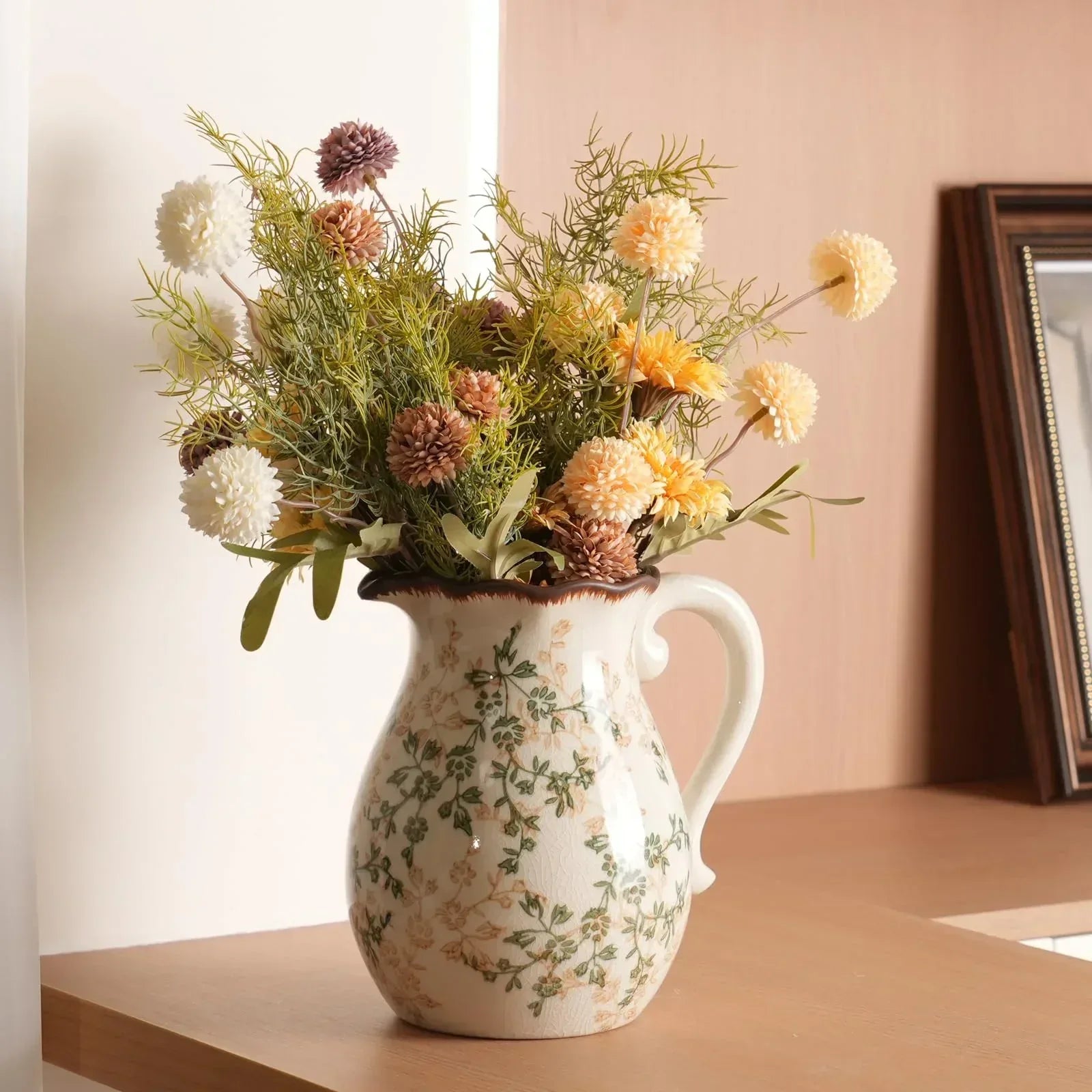 Vintage Ceramic Vase - 8.2 Inch Hand-Painted Roses with Ice Crackle Glaze Finish, American Farmhouse Style Pitcher Vase for Home Decor, Centerpiece, Shelf, Table, Office, Rustic Wedding Gift - Handmade Lifestyle Shop