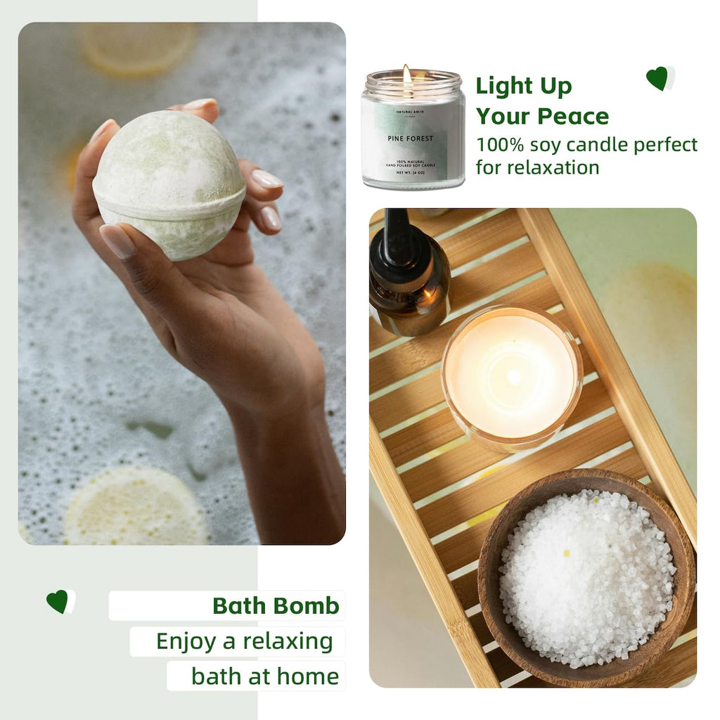 Natural Amor Handmade Spa Gift Set 6 pcs– Includes Citrus Bath Bomb, Lavender Hand Cream, Soap, Bath Salt, Candle – Relaxing Self-Care Kit for Women