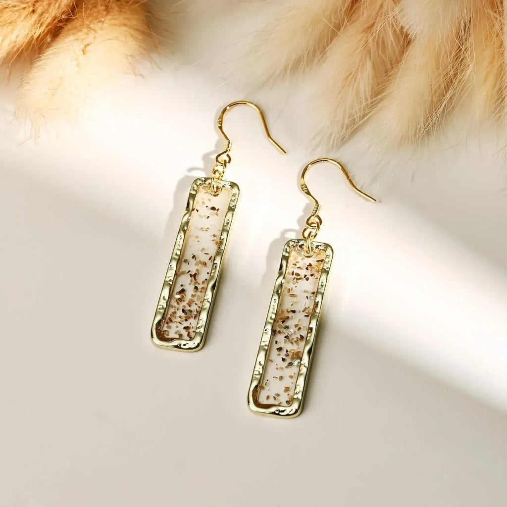Gold Rectangle Dangle Earrings - Handmade Resin with Abalone Shell Pieces, Unique Drop Earrings - Handmade Lifestyle Shop