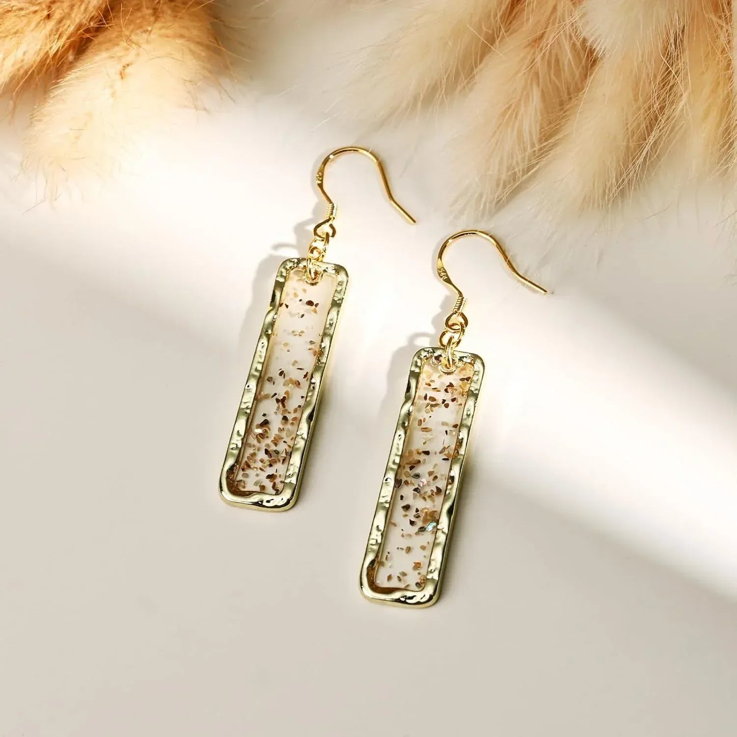 Gold Rectangle Dangle Earrings - Handmade Resin with Abalone Shell Pieces, Unique Drop Earrings - Handmade Lifestyle Shop