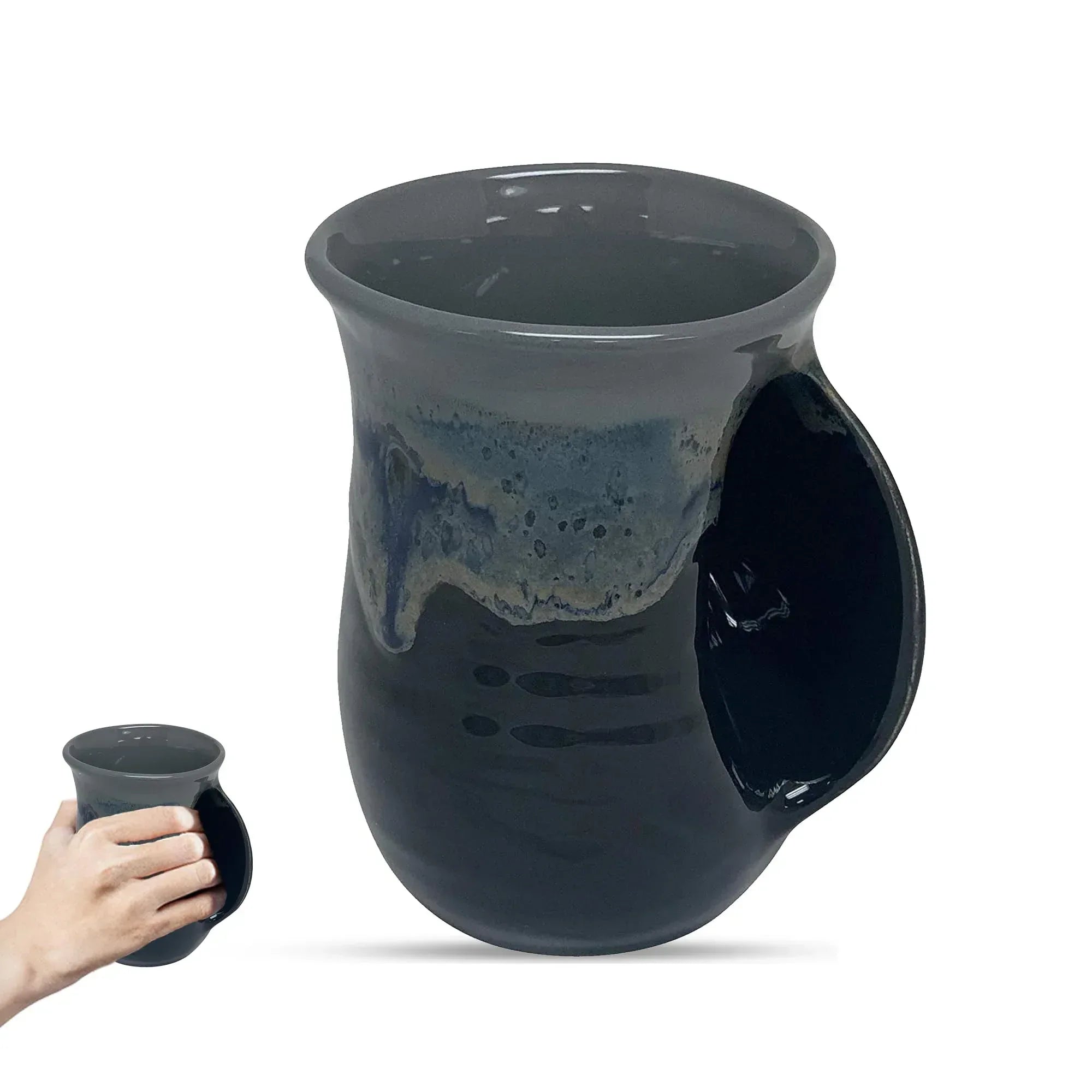 Clay in Motion Hand Warmer Coffee Mug – Handmade Coffee Mug With Comfortable Handle Contoured Pocket Hand Warming Ceramic Coffee Mug – Proudly Made in USA – Right Handed – 14 Oz - Island Oasis - Handmade Lifestyle Shop