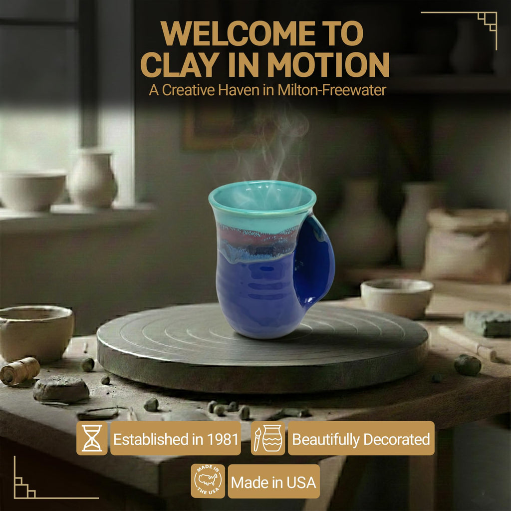 Clay in Motion Hand Warmer Coffee Mug – Handmade Coffee Mug With Comfortable Handle Contoured Pocket Hand Warming Ceramic Coffee Mug – Proudly Made in USA – Right Handed – 14 Oz - Island Oasis