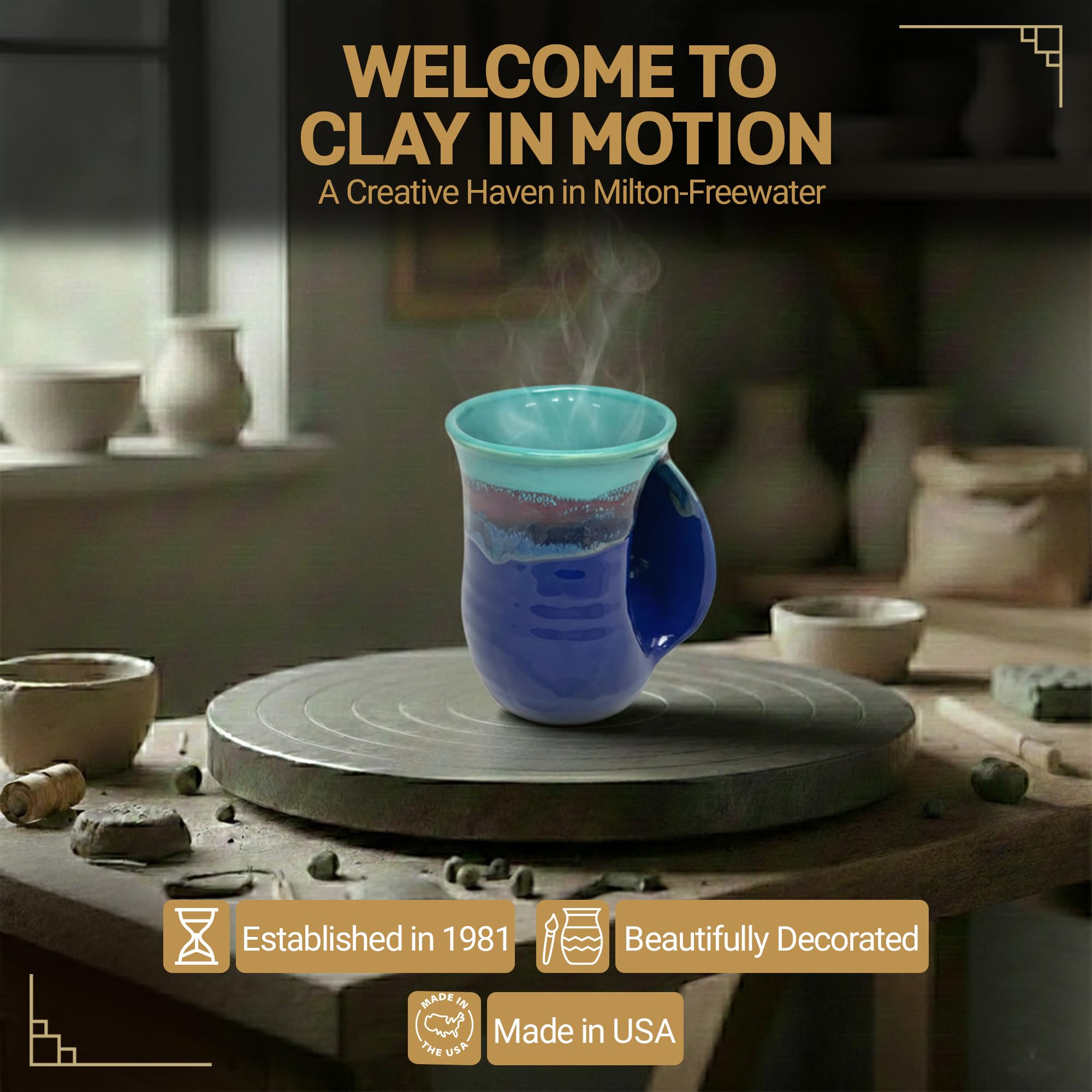 Clay in Motion Hand Warmer Coffee Mug – Handmade Coffee Mug With Comfortable Handle Contoured Pocket Hand Warming Ceramic Coffee Mug – Proudly Made in USA – Right Handed – 14 Oz - Island Oasis