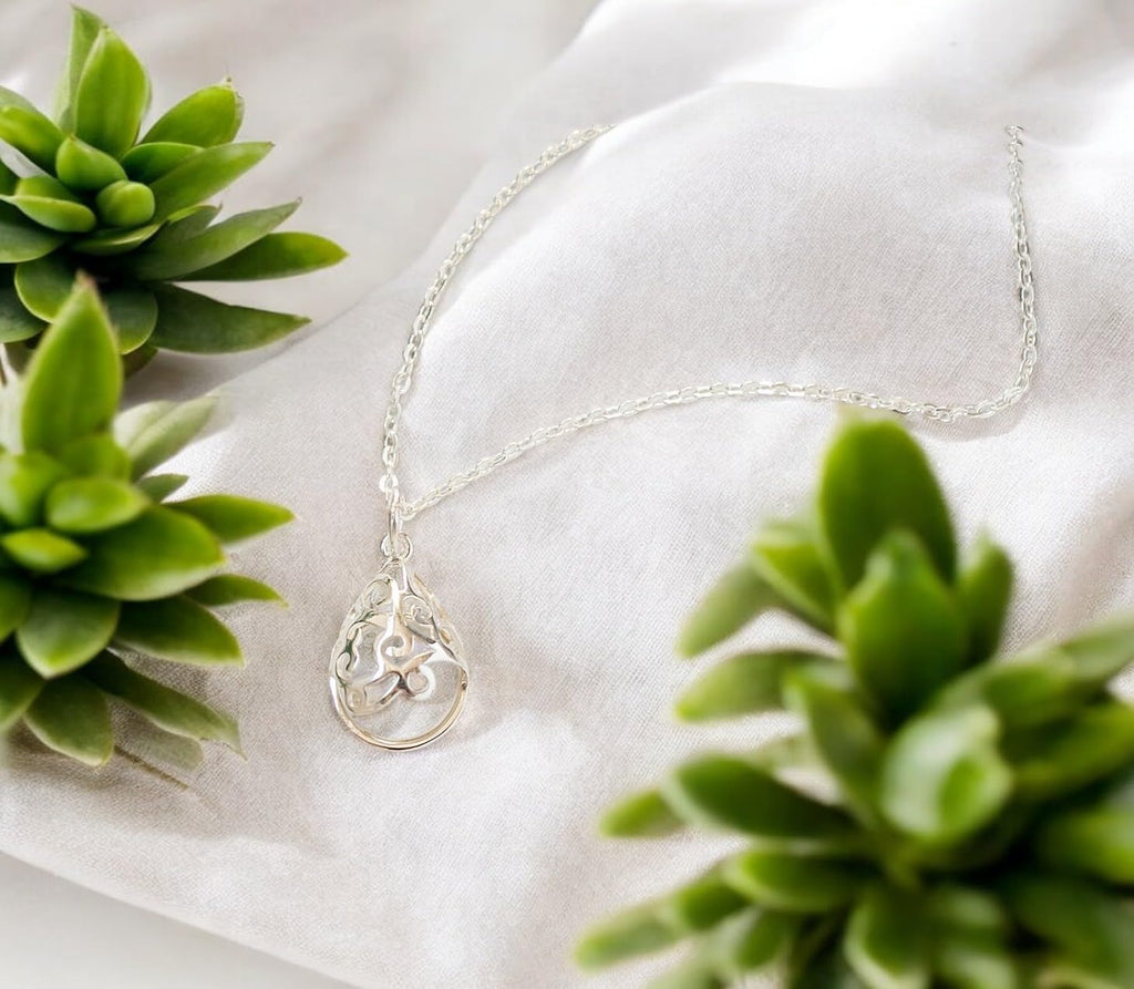 Bottled Up Designs Handmade Filigree Teardrop Necklace, Recycled Antique Glass, Sterling Silver, Eco Friendly, Made in USA, Birthday Gifts, Mothers Day, Women, Anniversary