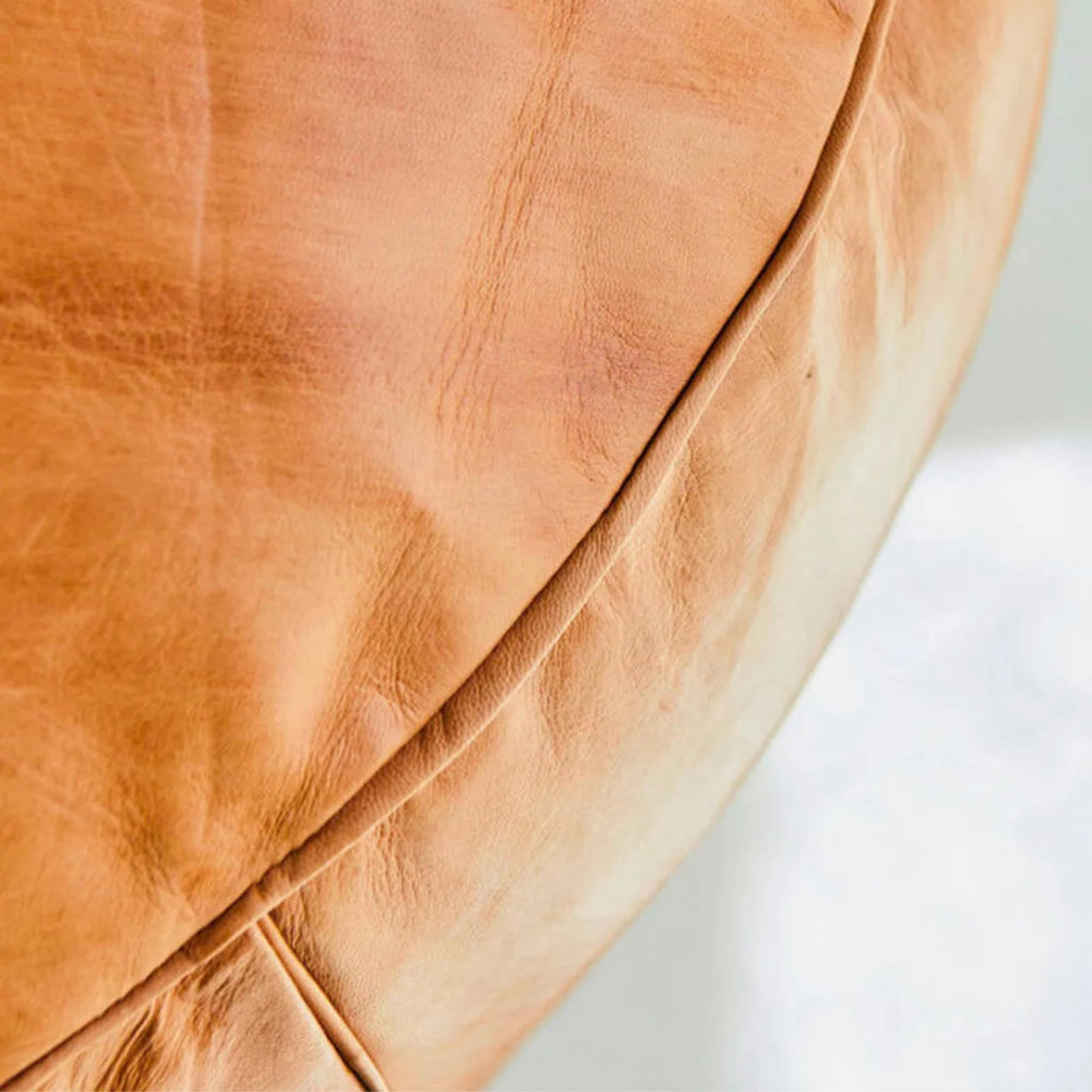 Handmade Moroccan Round Leather Pouf – Delivered Unstuffed – Ottoman, Footstool, Footrest, Hassock, Floor Cushion – Versatile Artisan Accent (Tan, 12"×12"×12" in)