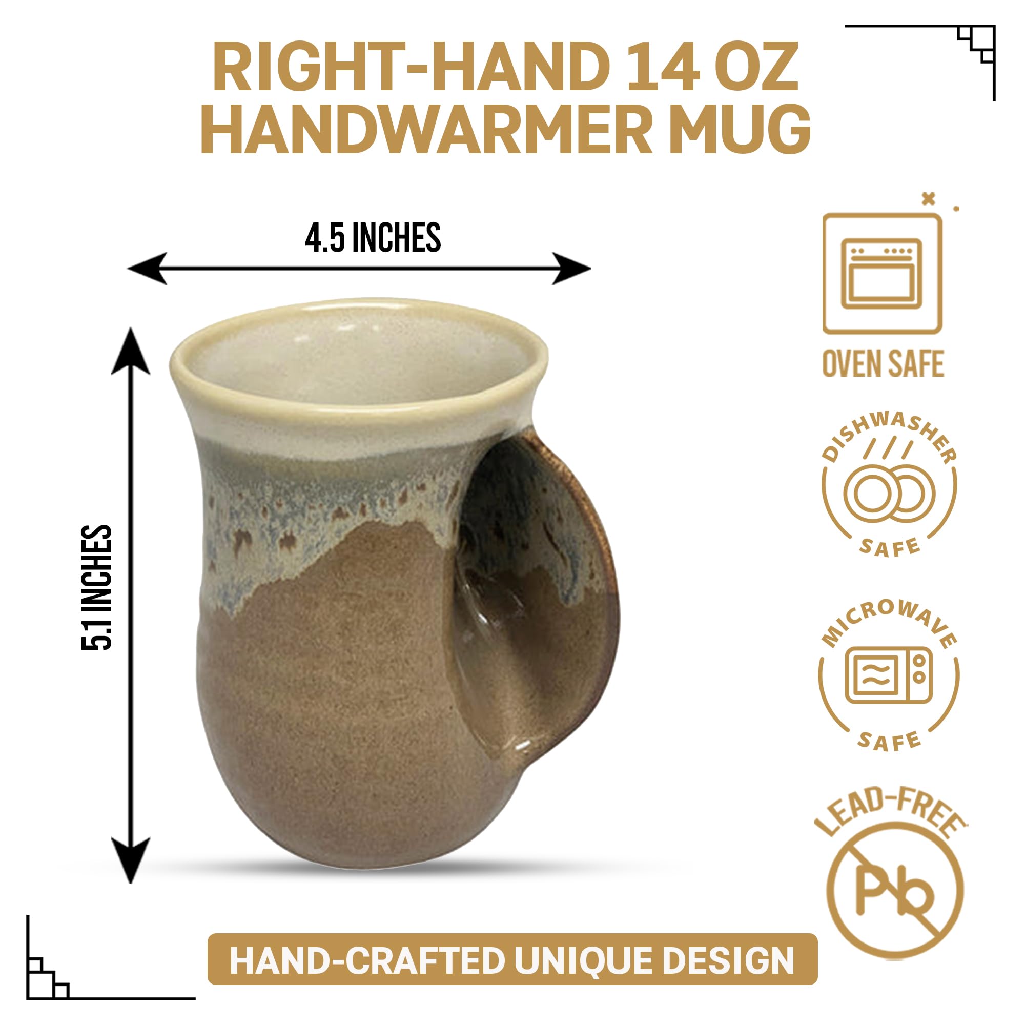 Clay in Motion Hand Warmer Coffee Mug – Handmade Coffee Mug With Comfortable Handle Contoured Pocket Hand Warming Ceramic Coffee Mug – Proudly Made in USA – Right Handed – 14 Oz - Island Oasis