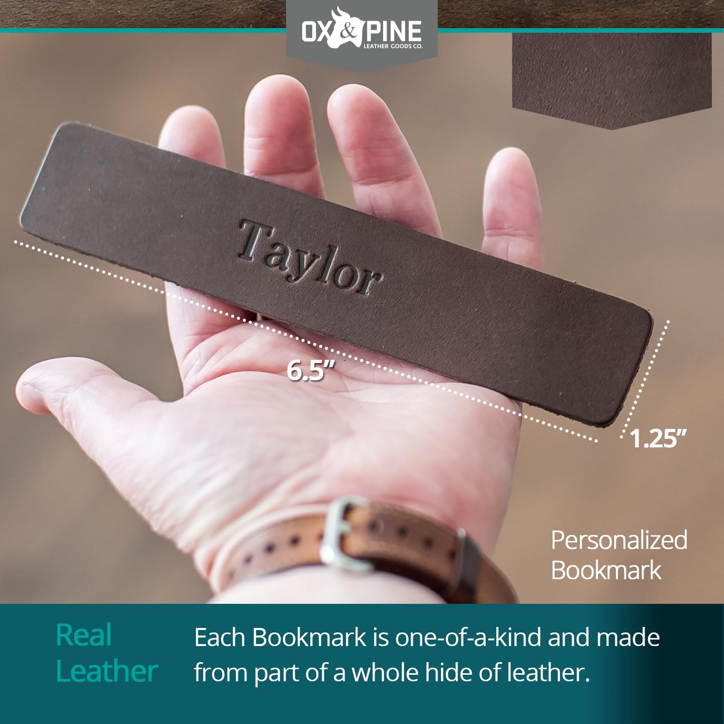 Ox & Pine Personalized Leather Bookmark 1.25" x 6.5" (Rustic Brown)