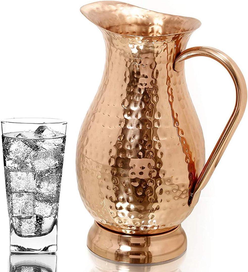 Pure Copper Pitcher with a Lid, Large Size Solid Handcrafted Copper Water Hammered Jug, Capacity 70 Oz/2000ml, Copper Carafe For Home, Hotels & Gifting - Handmade Lifestyle Shop