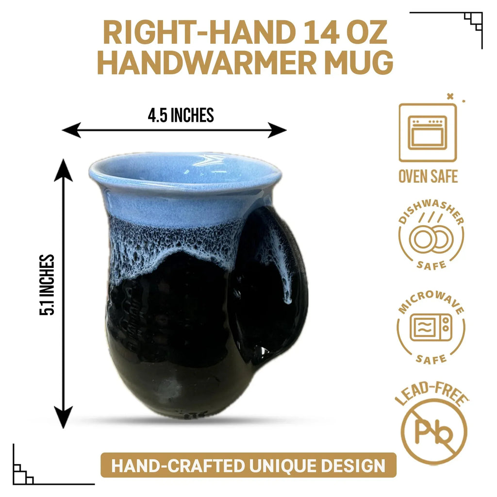 Clay in Motion Hand Warmer Coffee Mug – Handmade Coffee Mug With Comfortable Handle Contoured Pocket Hand Warming Ceramic Coffee Mug – Proudly Made in USA – Right Handed – 14 Oz - Island Oasis - Handmade Lifestyle Shop