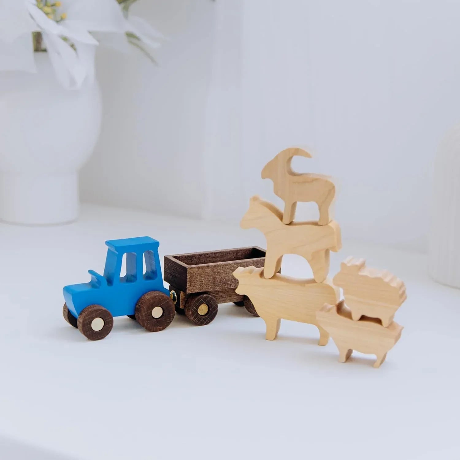 BUSY PUZZLE Wooden Tractor Toy with Trailer and Farm Animals, Natural Solid Wood Push Vehicle for Toddlers, Birthday Gift, Montessori Farm Play Set - Handmade Lifestyle Shop