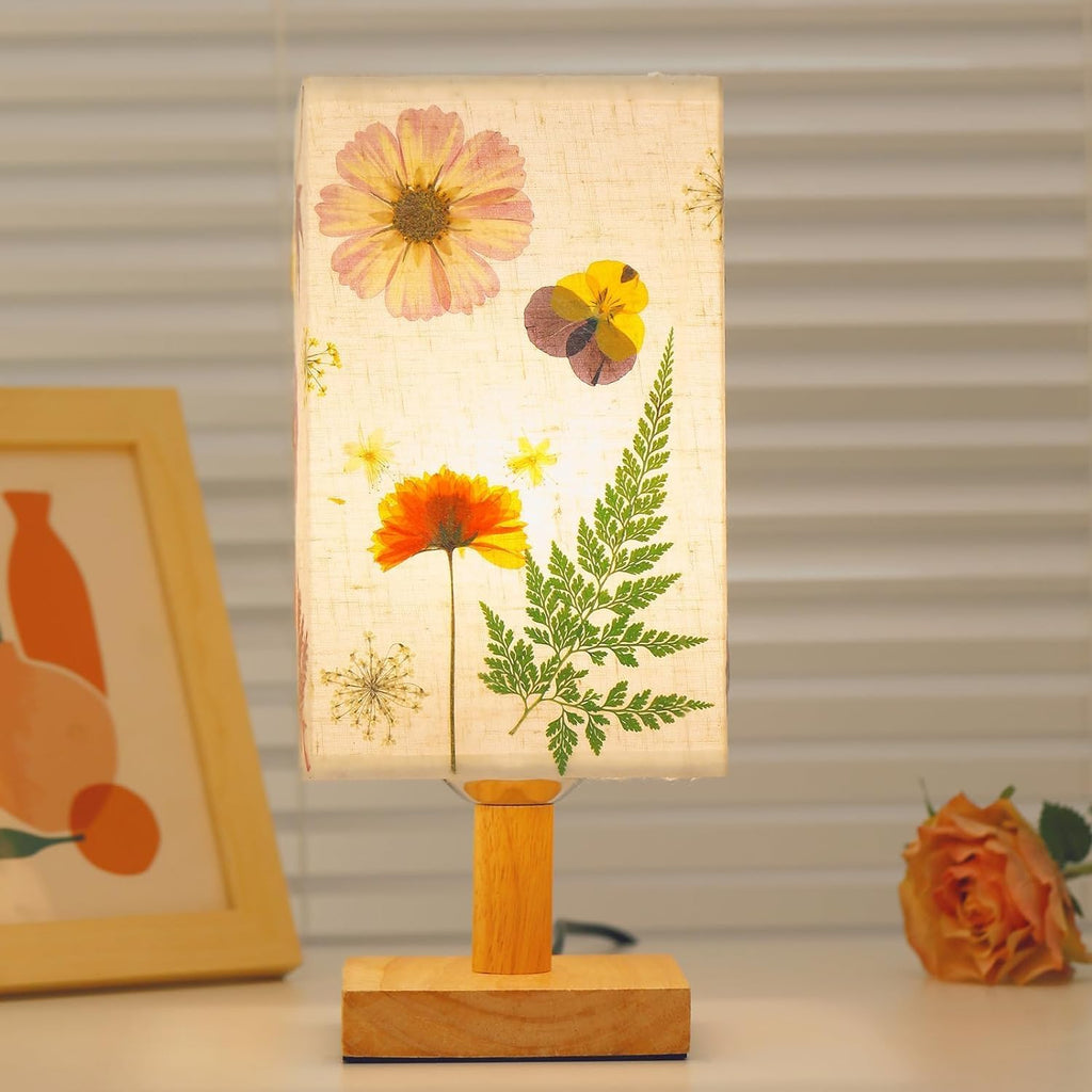 Dried Flowers Small Table Lamp 5W LED 3-Color Bedside Lamp Pressed Flowers Lampshade with Wood Base for Bedroom Living Room Desk Nursery