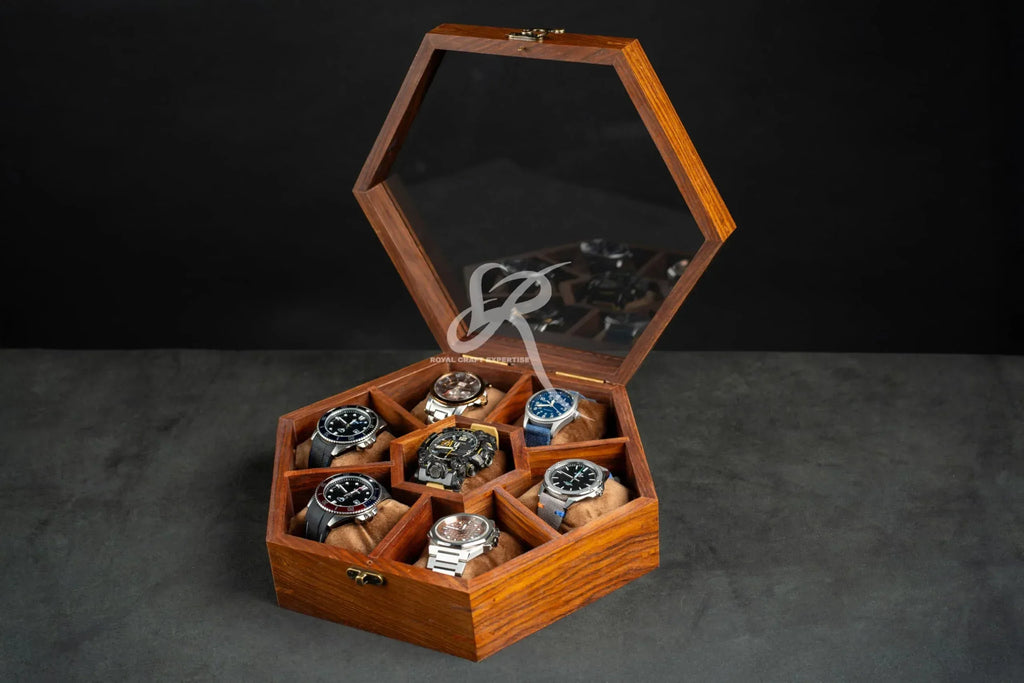 Premium 7-Slot Wooden Timepiece Display Case – Handcrafted Honeycomb Watch Box for Men in Superior Indian Rosewood | Hinged Glass Cover – Father’s Day Gift – Luxury Built to Last - Handmade Lifestyle Shop