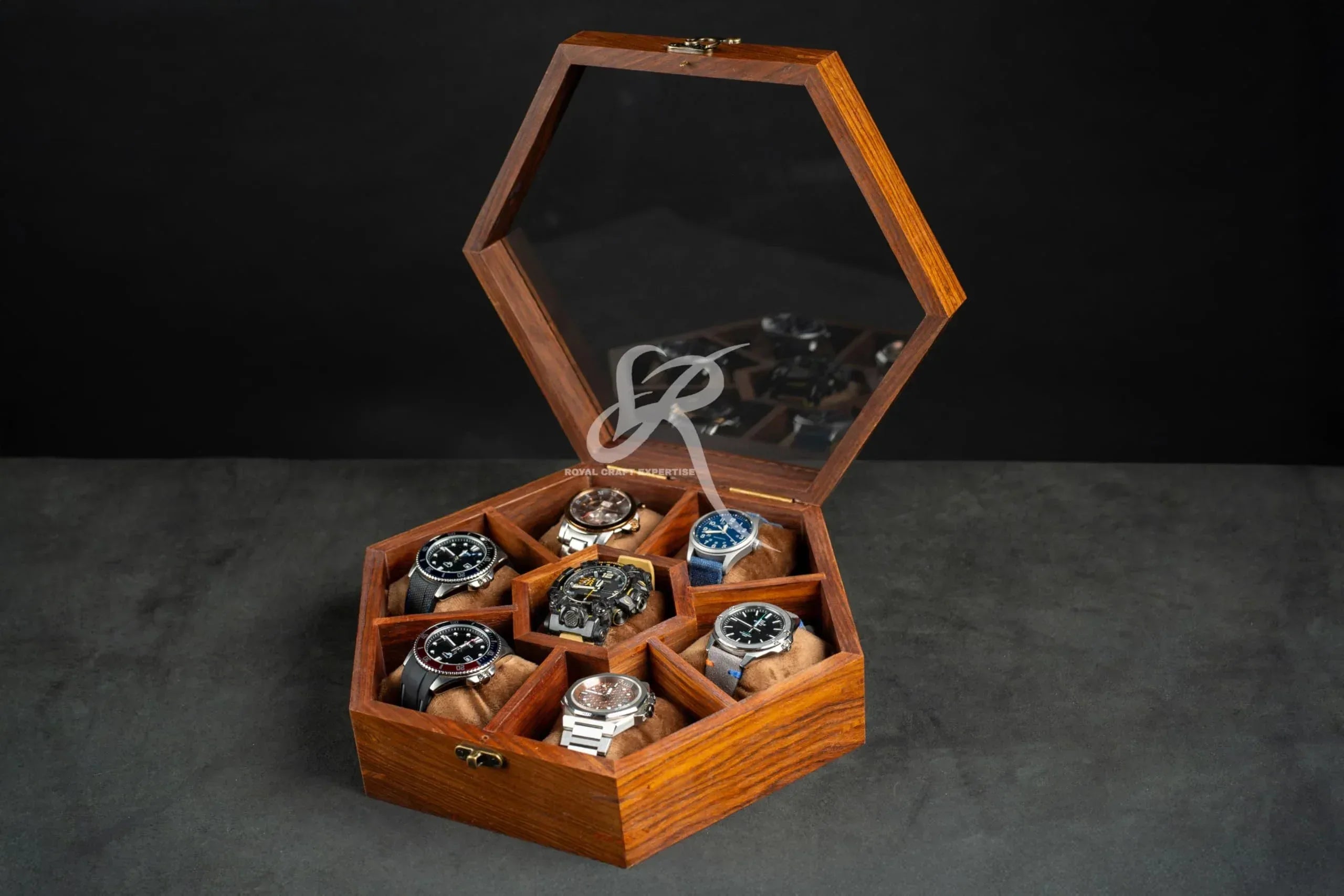 Premium 7-Slot Wooden Timepiece Display Case – Handcrafted Honeycomb Watch Box for Men in Superior Indian Rosewood | Hinged Glass Cover – Father’s Day Gift – Luxury Built to Last - Handmade Lifestyle Shop