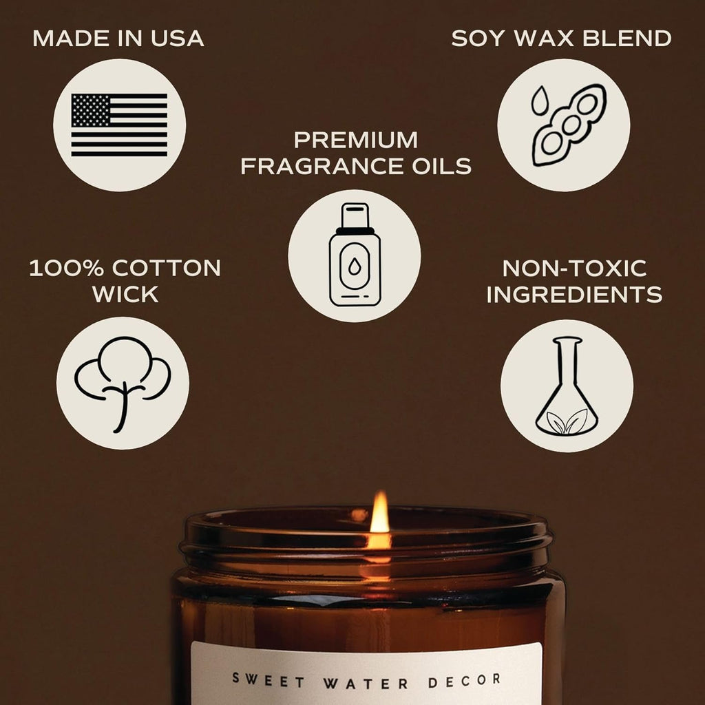 Sweet Water Decor Warm and Cozy Soy Candle - Orange Peel, Cinnamon, Ginger and Clove Scented Candles for Home - 9oz Amber Jar + Black Lid, 40+ Hour Burn Time, Made in The USA
