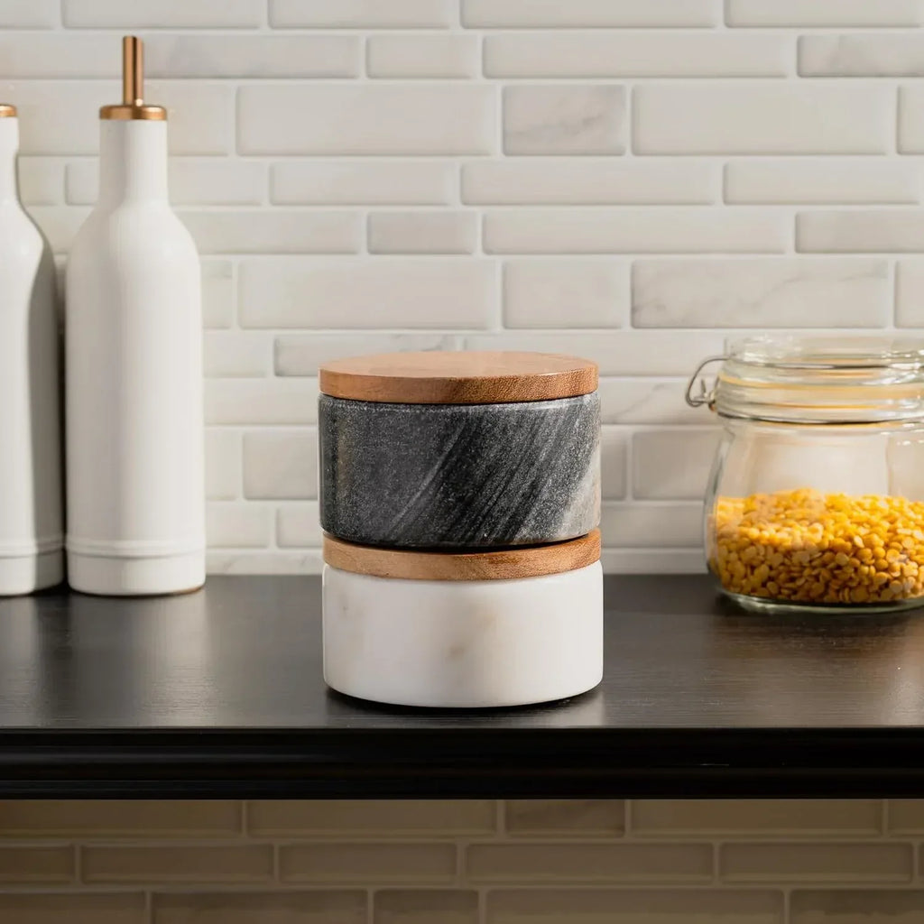 Cork & Mill Marble Salt and Pepper Bowls - Set of 2 Handcrafted White/Grey Solid Marble Salt and Pepper Cellars with Lids and Spoons - Elegant Containers for Countertop or Table - Handmade Lifestyle Shop