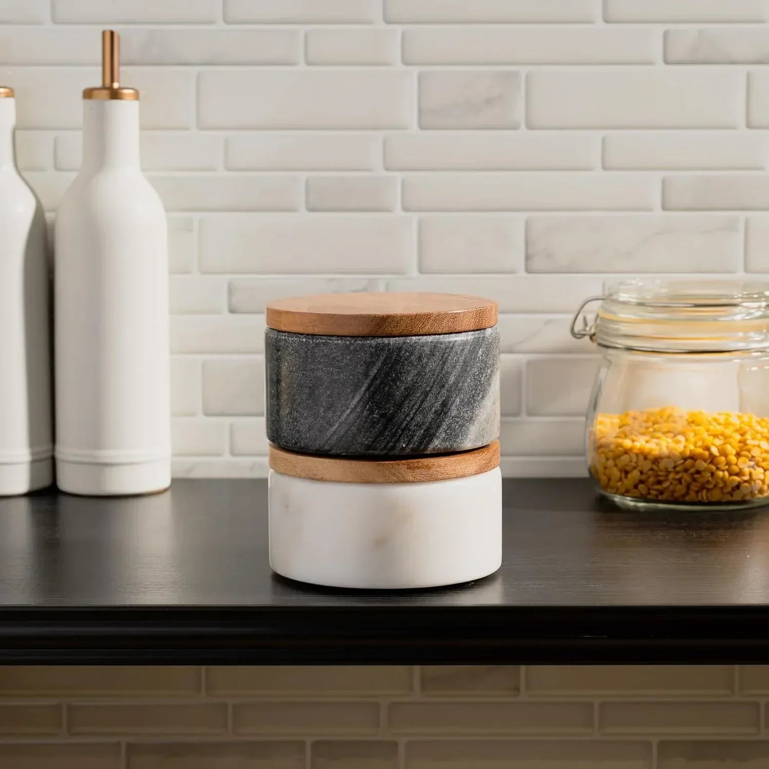 Cork & Mill Marble Salt and Pepper Bowls - Set of 2 Handcrafted White/Grey Solid Marble Salt and Pepper Cellars with Lids and Spoons - Elegant Containers for Countertop or Table - Handmade Lifestyle Shop