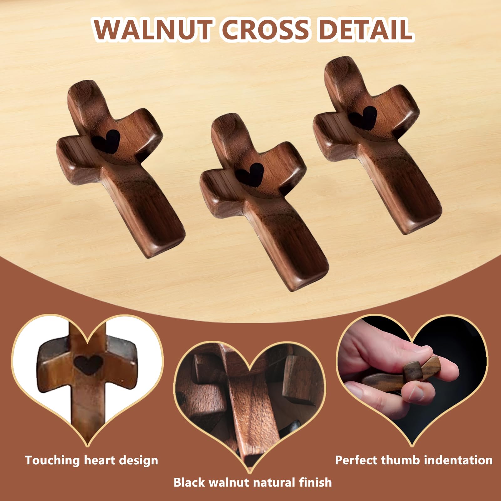3-Pack Wooden Cross Fidget, Handmade Pocket Wood Crosses, Cross My Heart | Encouragement Gift, Relieve Anxiety for Yourself, Inspirational Easter Gift for Christian Faith, Prayer, Valentines Day Gifts