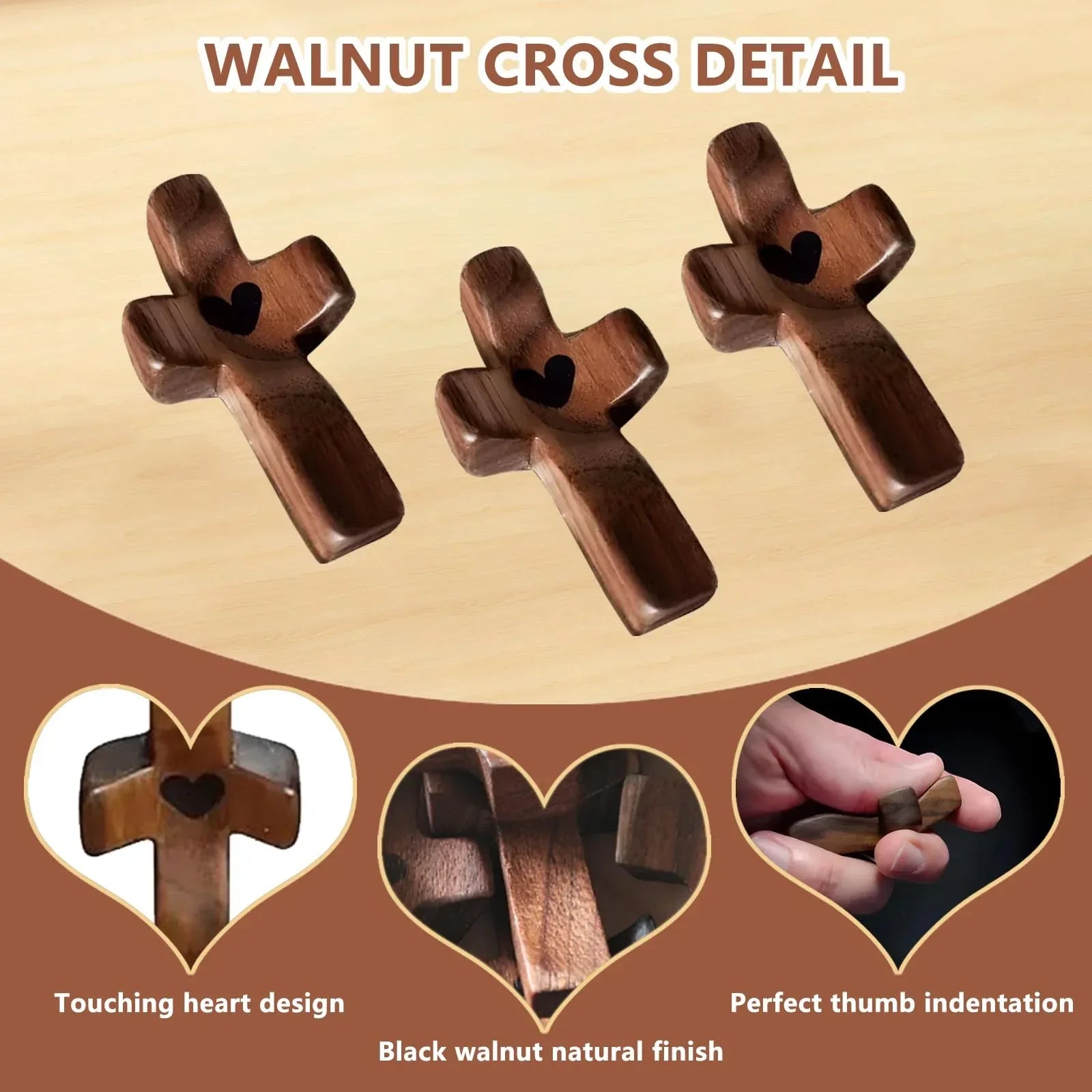 3-Pack Wooden Cross Fidget, Handmade Pocket Wood Crosses, Cross My Heart | Encouragement Gift, Relieve Anxiety for Yourself, Inspirational Easter Gift for Christian Faith, Prayer, Valentines Day Gifts - Handmade Lifestyle Shop