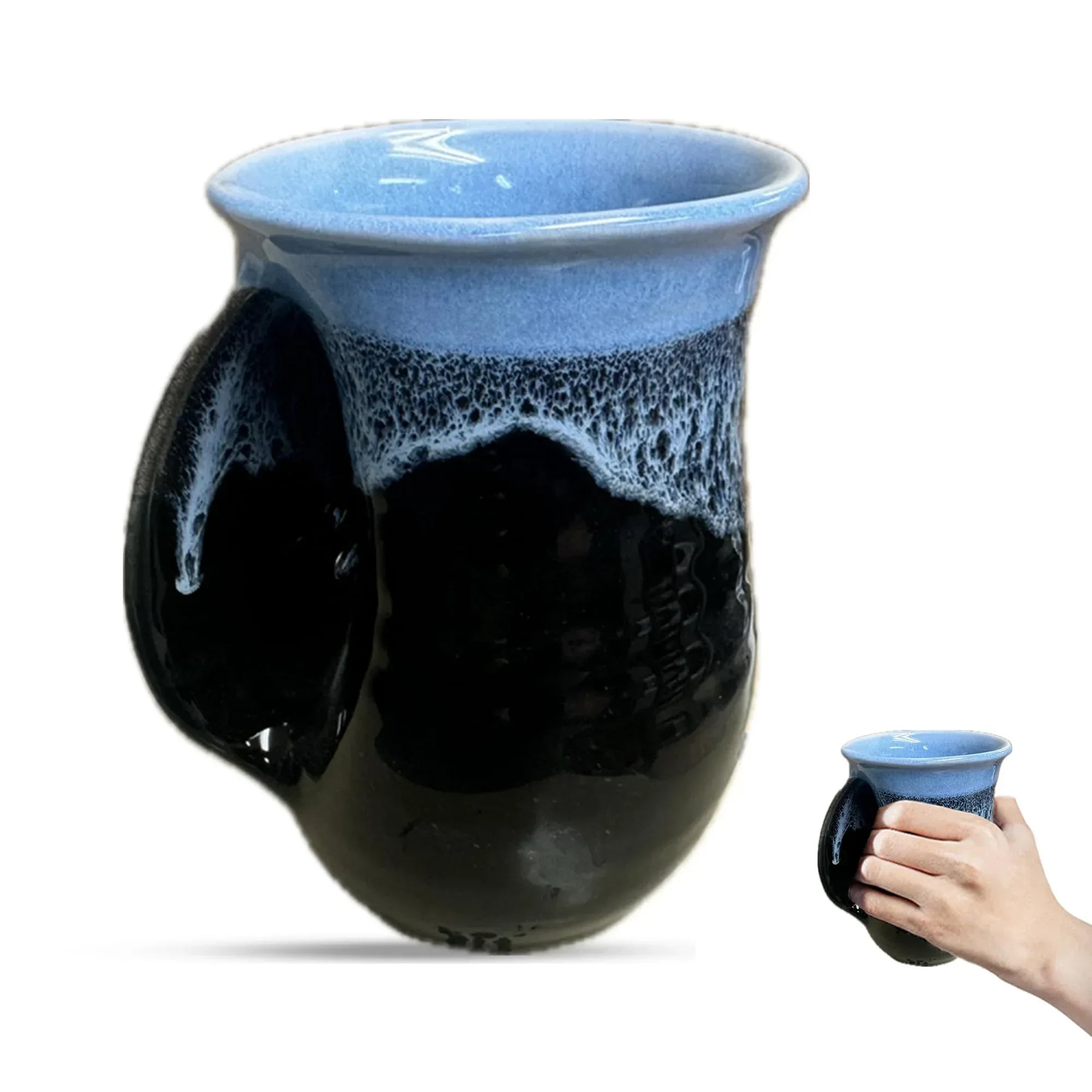 Clay in Motion Hand Warmer Coffee Mug – Handmade Coffee Mug With Comfortable Handle Contoured Pocket Hand Warming Ceramic Coffee Mug – Proudly Made in USA – Right Handed – 14 Oz - Island Oasis - Handmade Lifestyle Shop