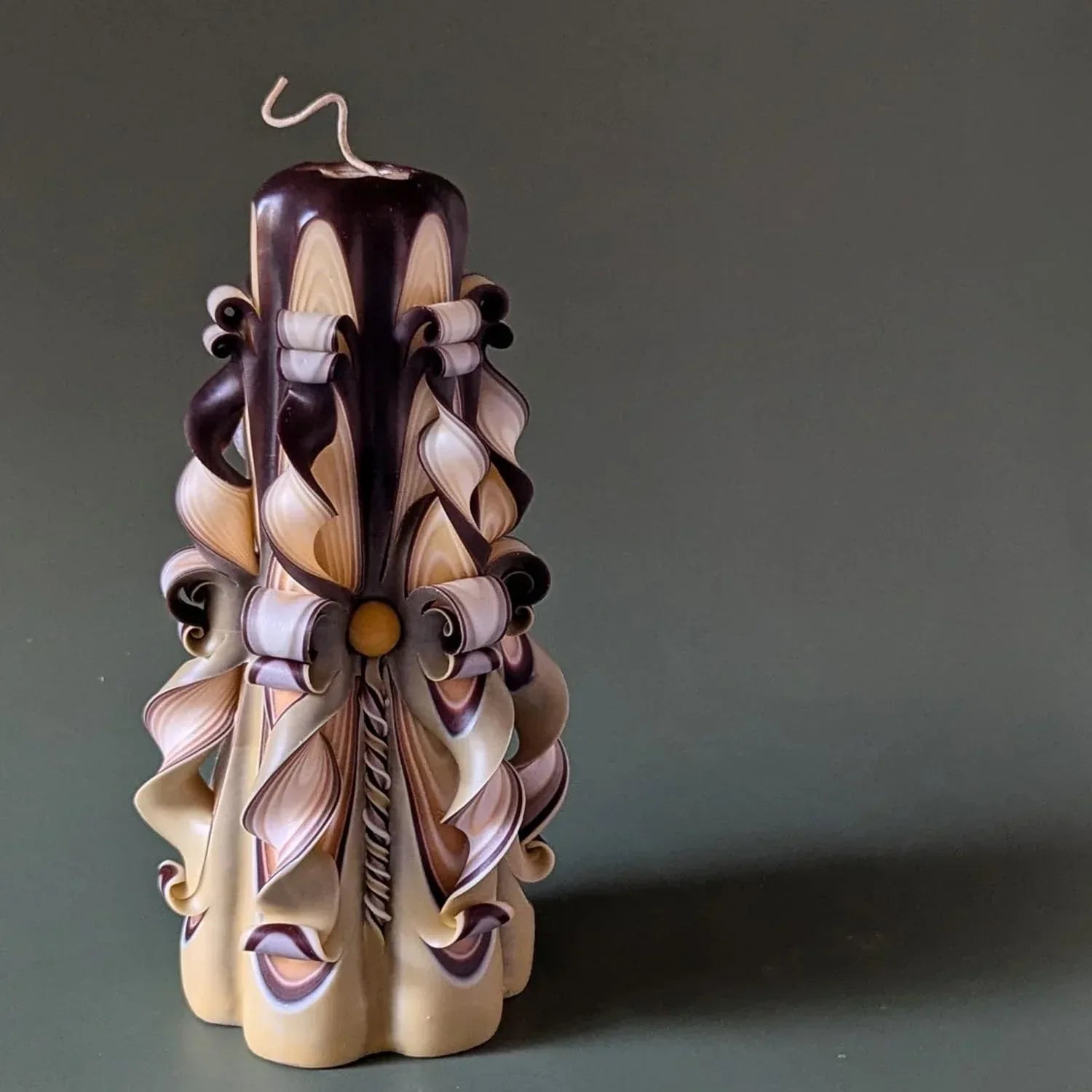 Beige Brown Hand Carved Pillar Candle 8.27" – Decorative Handmade Candle for Coffee Table, Fireplace Mantel or Living Room – Eco Friendly Long Burning Gift by NerotCandles - Handmade Lifestyle Shop