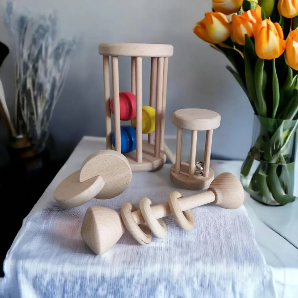 Montessori Wooden Baby Toy Set – Natural Beech Wood Sensory Toys for Infants (0–12 Months) | Rolling Drum, Wooden Rattles, Bell Shaker, Teether Rings | Non-Toxic, Handmade Development Toys - Handmade Lifestyle Shop