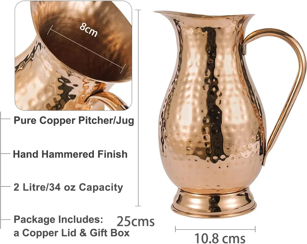 Pure Copper Pitcher with a Lid, Large Size Solid Handcrafted Copper Water Hammered Jug, Capacity 70 Oz/2000ml, Copper Carafe For Home, Hotels & Gifting - Handmade Lifestyle Shop