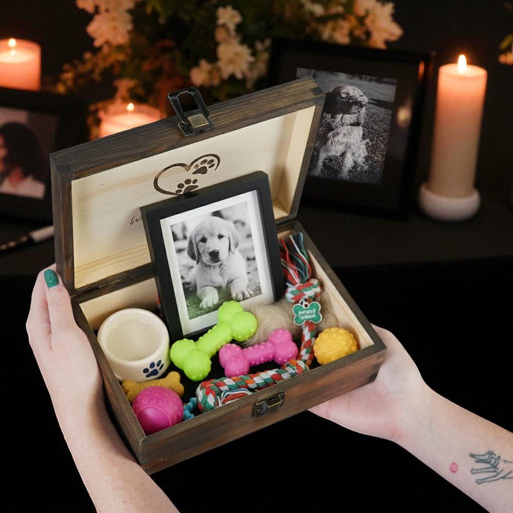 Engraved Memorial Memory Box – Wooden Keepsake Box for Loss of Loved One or Pet – Sympathy Gift – Medium Size – Dark Walnut Finish – 8.5 x 6 x 3 in