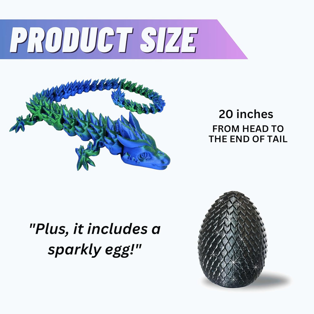 20" Articulated 3D Printed Dragon – Color-Changing Fidget Figurine, Mythical Figure, Made in USA, 3D Printed Toys - Valentines Day Gift for Boys and Girls (Rainbow with Blue Egg)