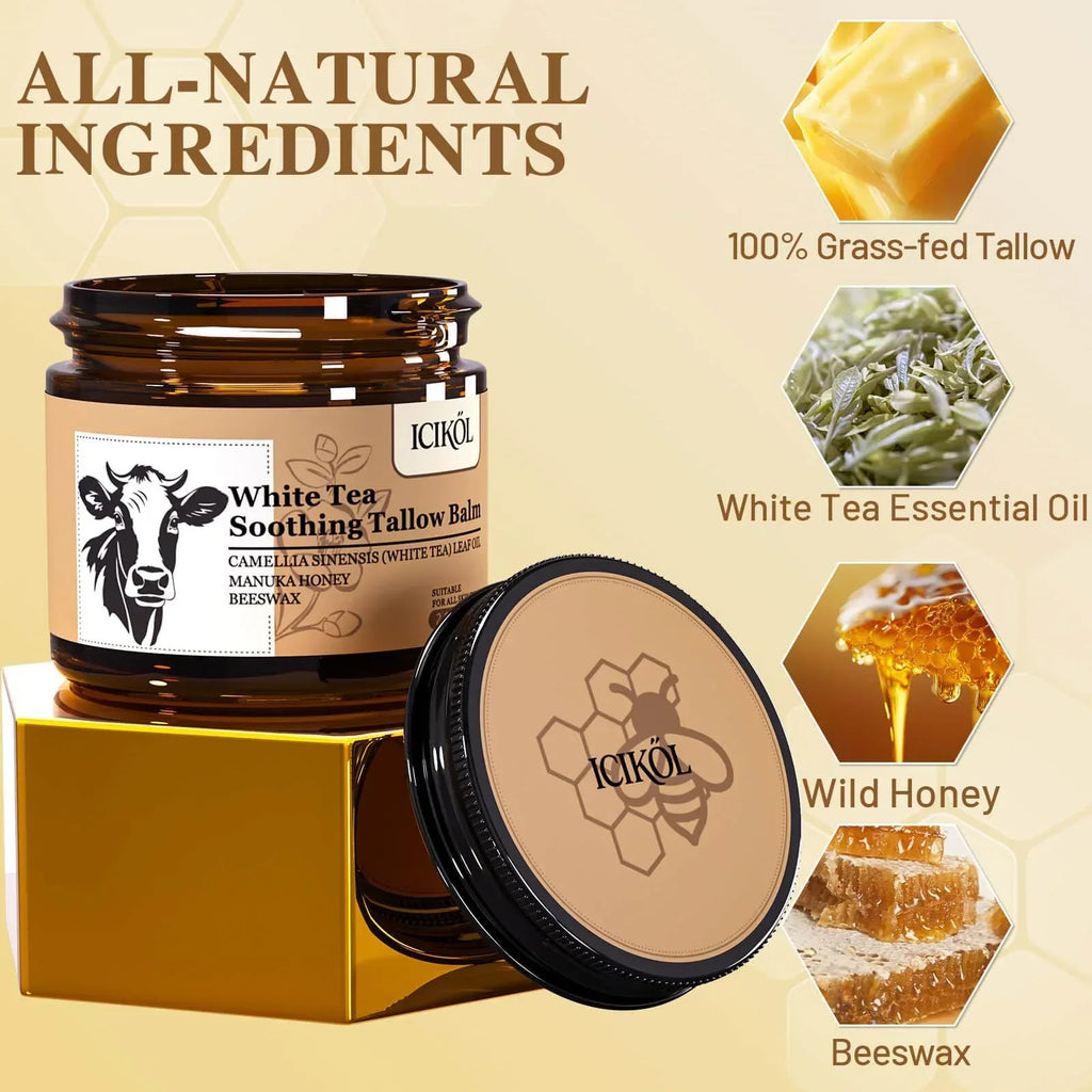 Beef Tallow Honey Balm, Grass-Fed Tallow Moisturizer for Face and Body, Deep Hydration Cream with White Tea Scent, Handmade Natural Skin Nourishment, 2.1 oz - Handmade Lifestyle Shop