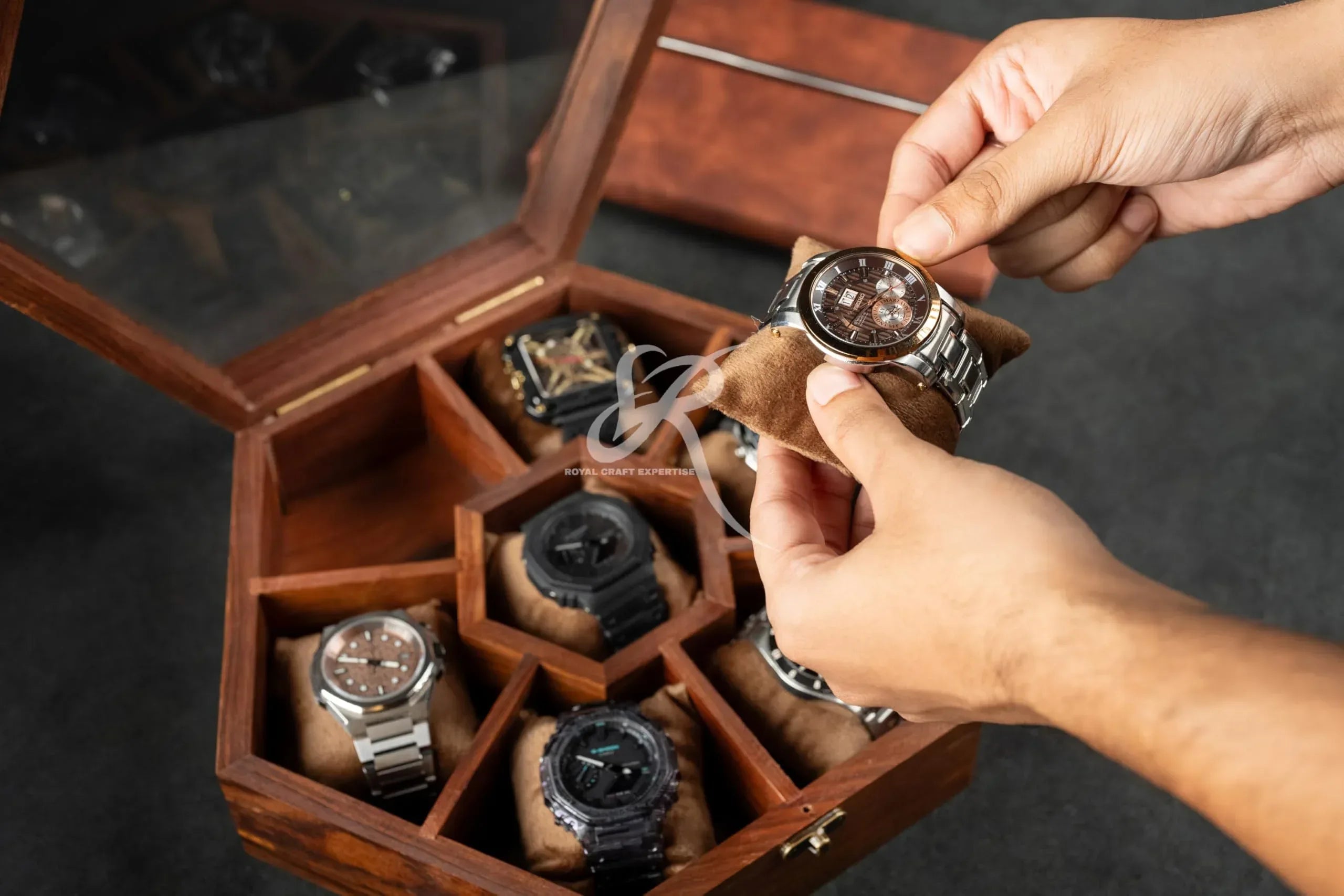 Premium 7-Slot Wooden Timepiece Display Case – Handcrafted Honeycomb Watch Box for Men in Superior Indian Rosewood | Hinged Glass Cover – Father’s Day Gift – Luxury Built to Last - Handmade Lifestyle Shop