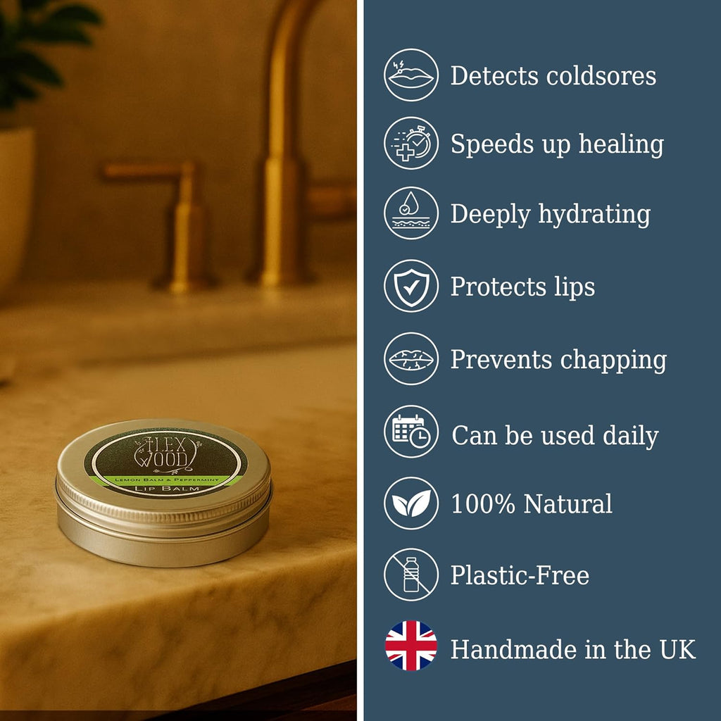 The Ilex Wood - All Natural Lip Balm - Lemon Balm and Peppermint - Cold Sore Treatment for Lips, Palm Oil Free, Cruelty Free, Plastic Free, Moisturising Lip Balm, Handcrafted - 10ml (0.34 fl oz)