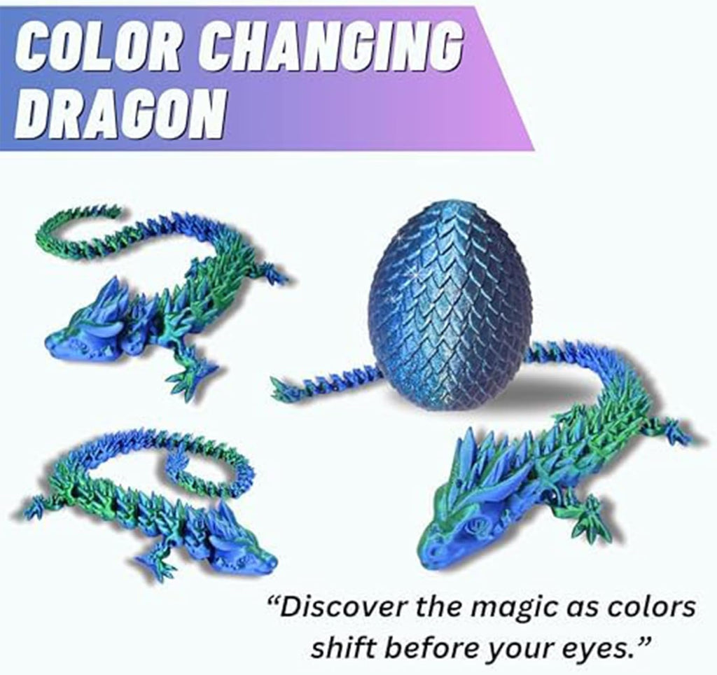 20" Articulated 3D Printed Dragon – Color-Changing Fidget Figurine, Mythical Figure, Made in USA, 3D Printed Toys - Valentines Day Gift for Boys and Girls (Rainbow with Blue Egg)