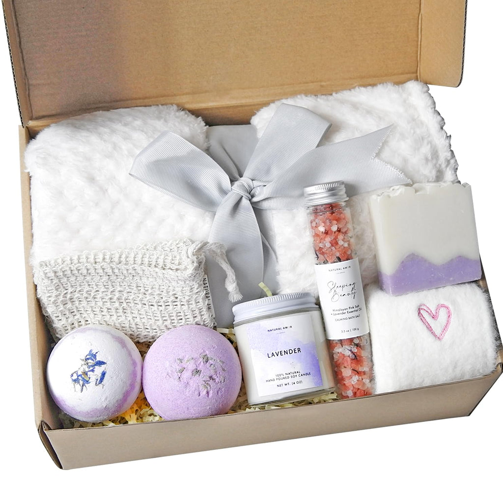 Natural Amor Handmade Spa Gift Set 6 pcs– Includes Citrus Bath Bomb, Lavender Hand Cream, Soap, Bath Salt, Candle – Relaxing Self-Care Kit for Women