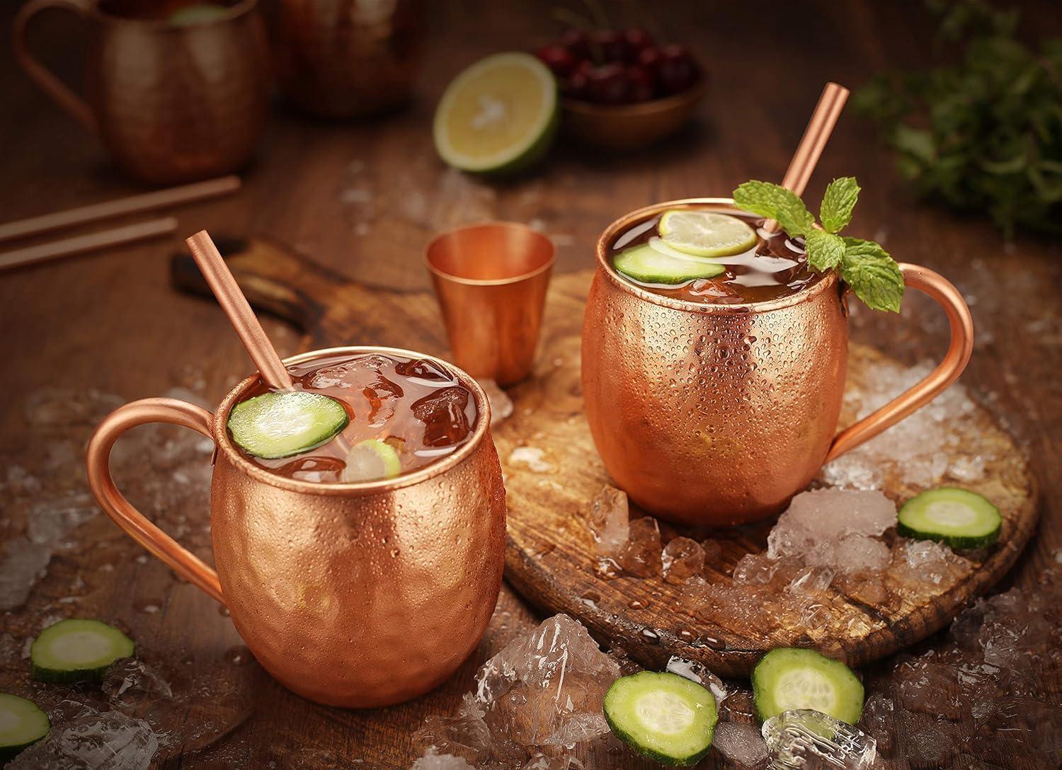 BOLD & DIVINE Moscow Mule Copper Mugs - Set of 2, 100% HANDCRAFTED - Food Safe Pure Copper Solid Mugs - 16 oz Gift Set with Premium Quality Cocktail Straws & Shot Glass! - Handmade Lifestyle Shop