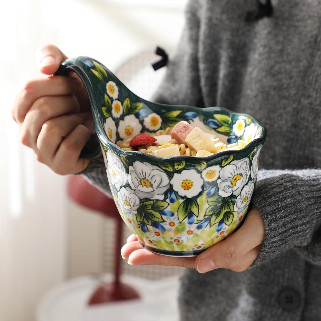 ALMA Handpainted Soup Bowl with Handle, 18.6oz Ceramic Cereal Bowl, Microwave &Dishwasher Safe,Loop Handle Bowl Great for Soup, Chili, Stew, Ice cream