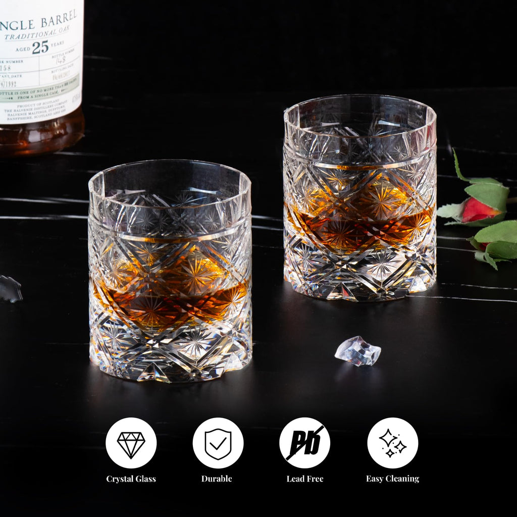 KAMMAK Crystal Whiskey Glasses Set of 2, Handcrafted 7.1oz Old Fashioned Glasses Stemless, Luxury Cocktail Glasses, Hand Blown Scotch Cup for Women, Men Gift for Rocks, Bourbon Barware, Bar