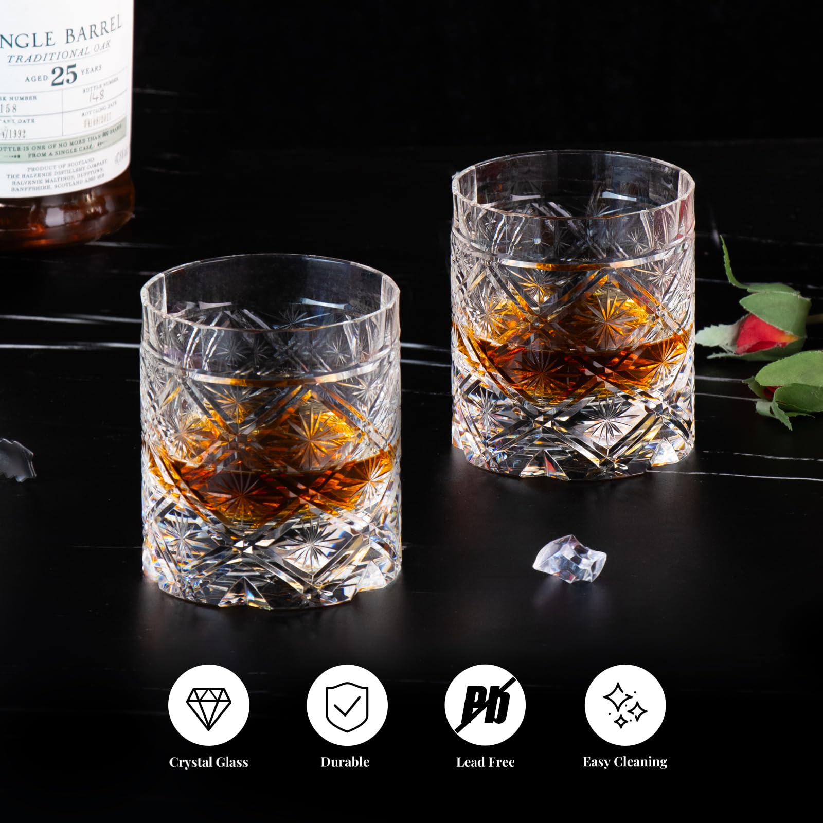 KAMMAK Crystal Whiskey Glasses Set of 2, Handcrafted 7.1oz Old Fashioned Glasses Stemless, Luxury Cocktail Glasses, Hand Blown Scotch Cup for Women, Men Gift for Rocks, Bourbon Barware, Bar