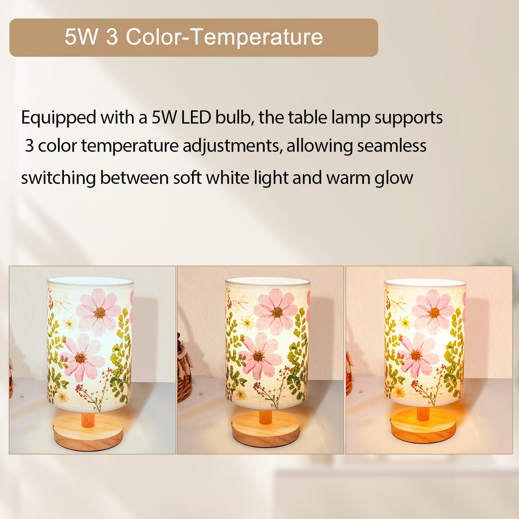 Dried Flowers Small Table Lamp 5W LED 3-Color Bedside Lamp Pressed Flowers Lampshade with Wood Base for Bedroom Living Room Desk Nursery