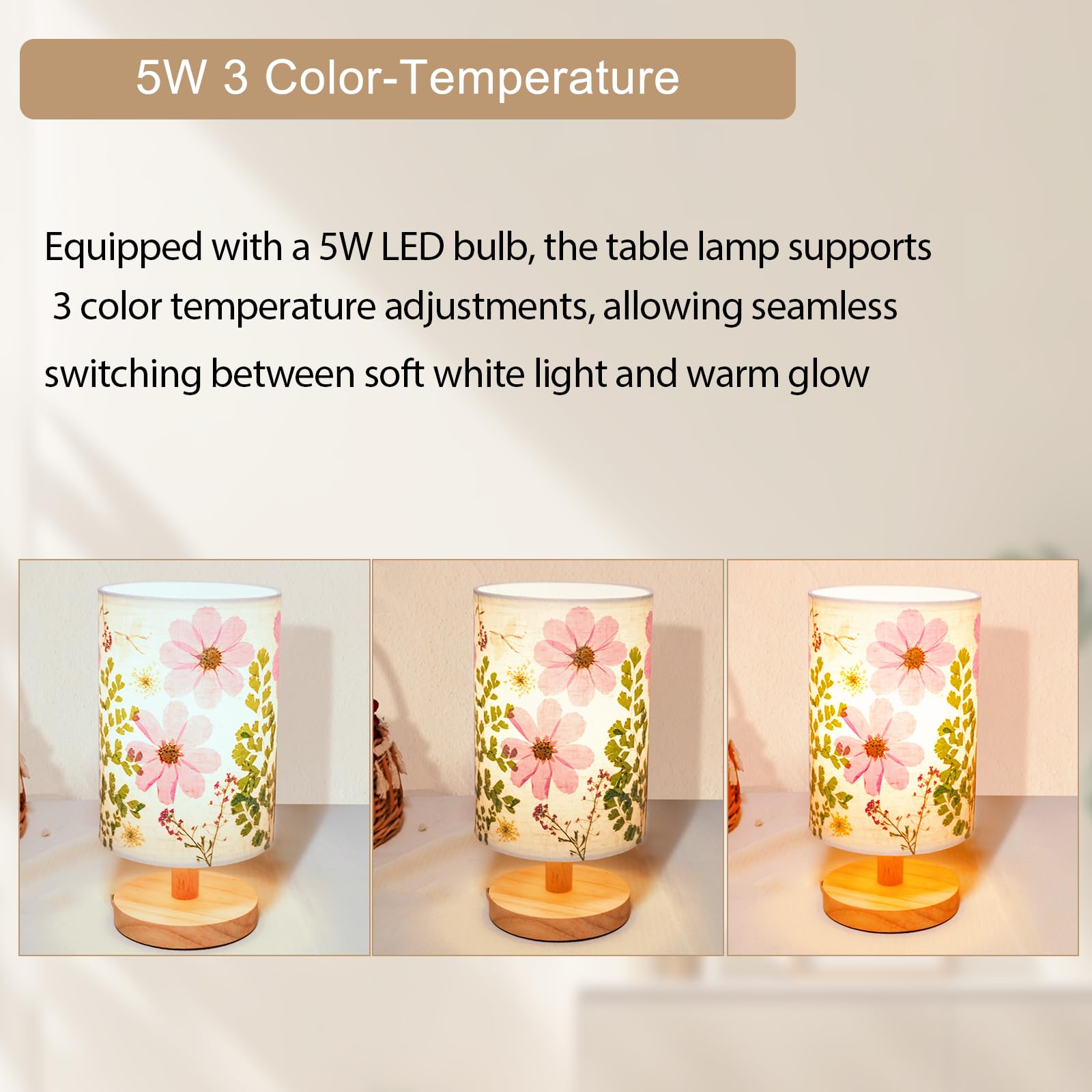 Dried Flowers Small Table Lamp 5W LED 3-Color Bedside Lamp Pressed Flowers Lampshade with Wood Base for Bedroom Living Room Desk Nursery