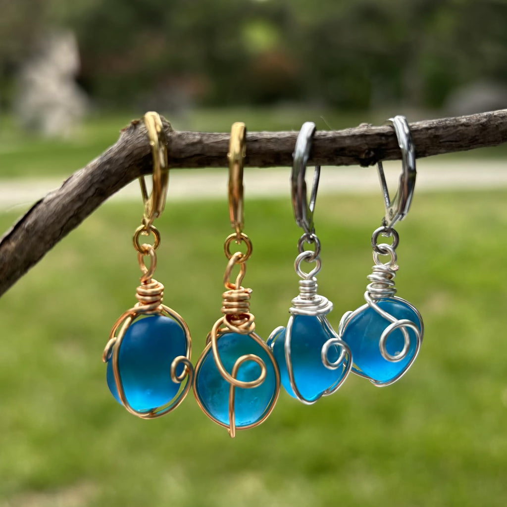 Handmade Sea Glass Wire Wrap Drop Earrings Jewelry ，Beach Earrings, Summer Gift, Ocean Jewelry Inspirational Gifts for Women, Mom, Sister