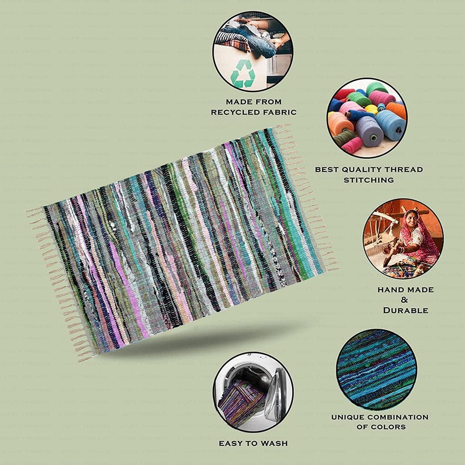 Handmade Cotton Rag Rug 24x36'' | 2x3' Multicolor Area Rugs- Hand Woven Washable & Reversible for Living Room Kitchen Entryway Throw Rug with Tassel (Denim)