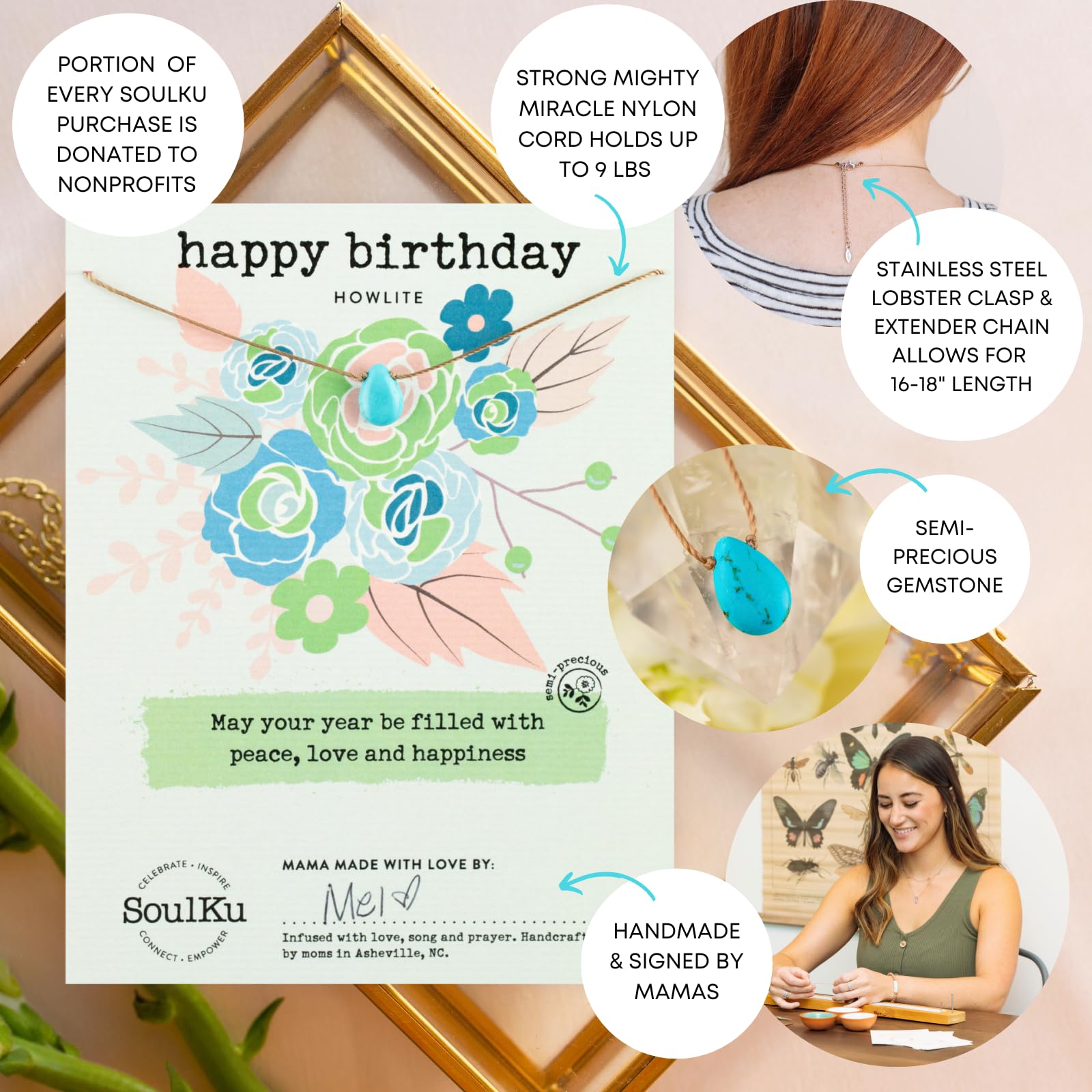 SoulKu Handcrafted Necklace, Empowerment Jewelry With Healing Crystal, Inspirational Jewelry For Women, Mom & Sister Gifts, 2" Extender With Lobster Clasp, 16" Nylon Cord