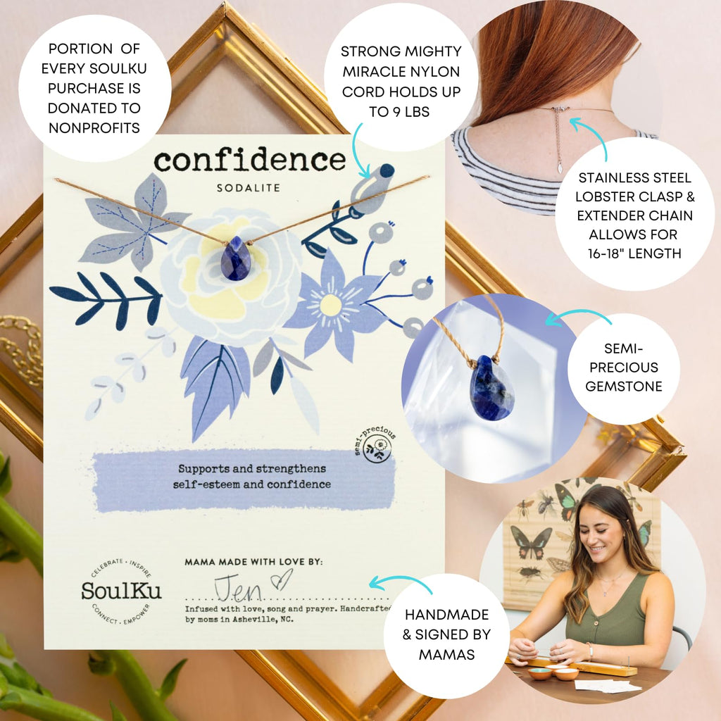 SoulKu Handcrafted Necklace, Empowerment Jewelry With Healing Crystal, Inspirational Jewelry For Women, Mom & Sister Gifts, 2" Extender With Lobster Clasp, 16" Nylon Cord