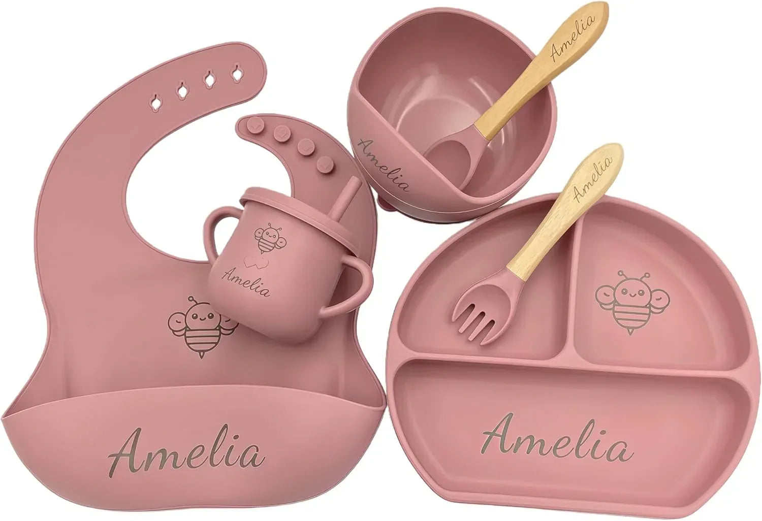 Personalized Name Food Grade 6pcs Baby Feeding Set with Spoon, Fork,Silicone Suction Bowls,Cup,Plate,and bib BPA Free - First Stage Self Feed (Color Muted Deep Pink Y19) - Handmade Lifestyle Shop