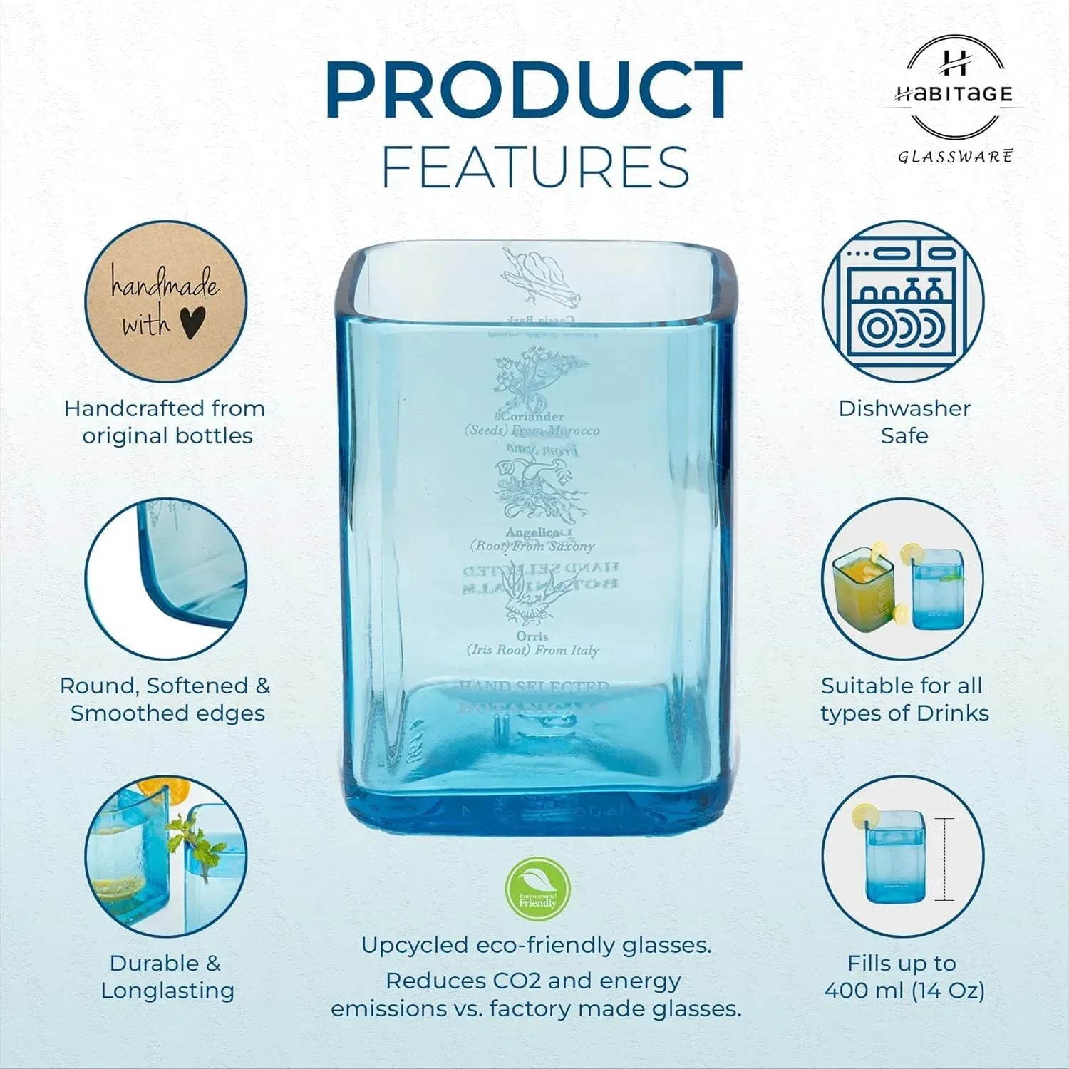 Upcycled Bombay Sapphire Gin Glasses for Drinks - Set of 2 with Velvet Gift Box | Eco-friendly Glassware handcrafted from Gin bottles | Ideal for Gin, Whiskey, Juices, Smoothies, Cocktails - Handmade Lifestyle Shop