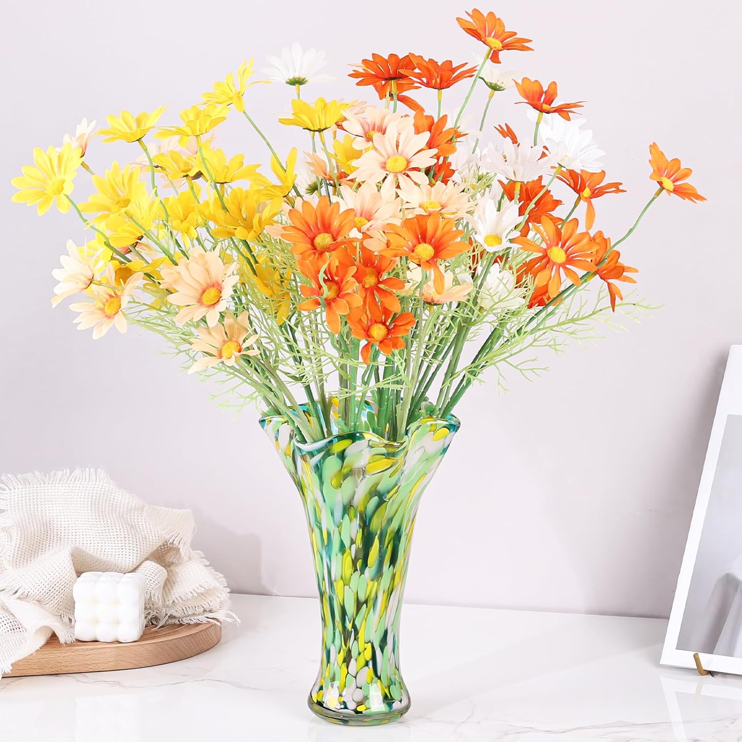 9.0" H Teal Glass Vases for Flowers, Unique Hand Blown Glass Vase Green Home Decor, Wide Mouth Colorful Flower Vase Centerpieces, for Living Room Table Bookshelf, Bathroom Office Shelf Decorative