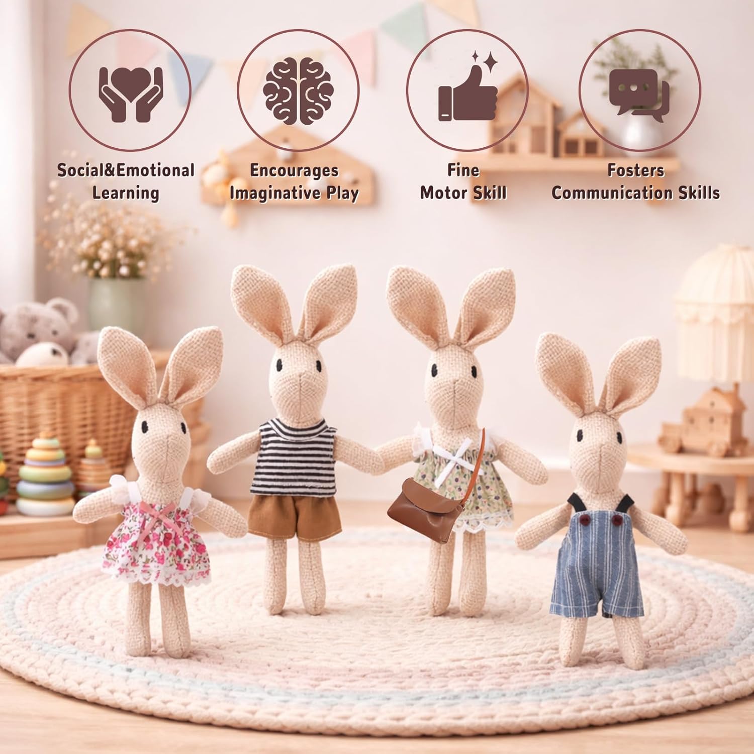 Handmade Rabbit Family Dolls Set of 4 with Removable Outfits & Bag, Realistic Dollhouse People Figures for Imaginative Play, Kids Room Decoration, Easter Bunny