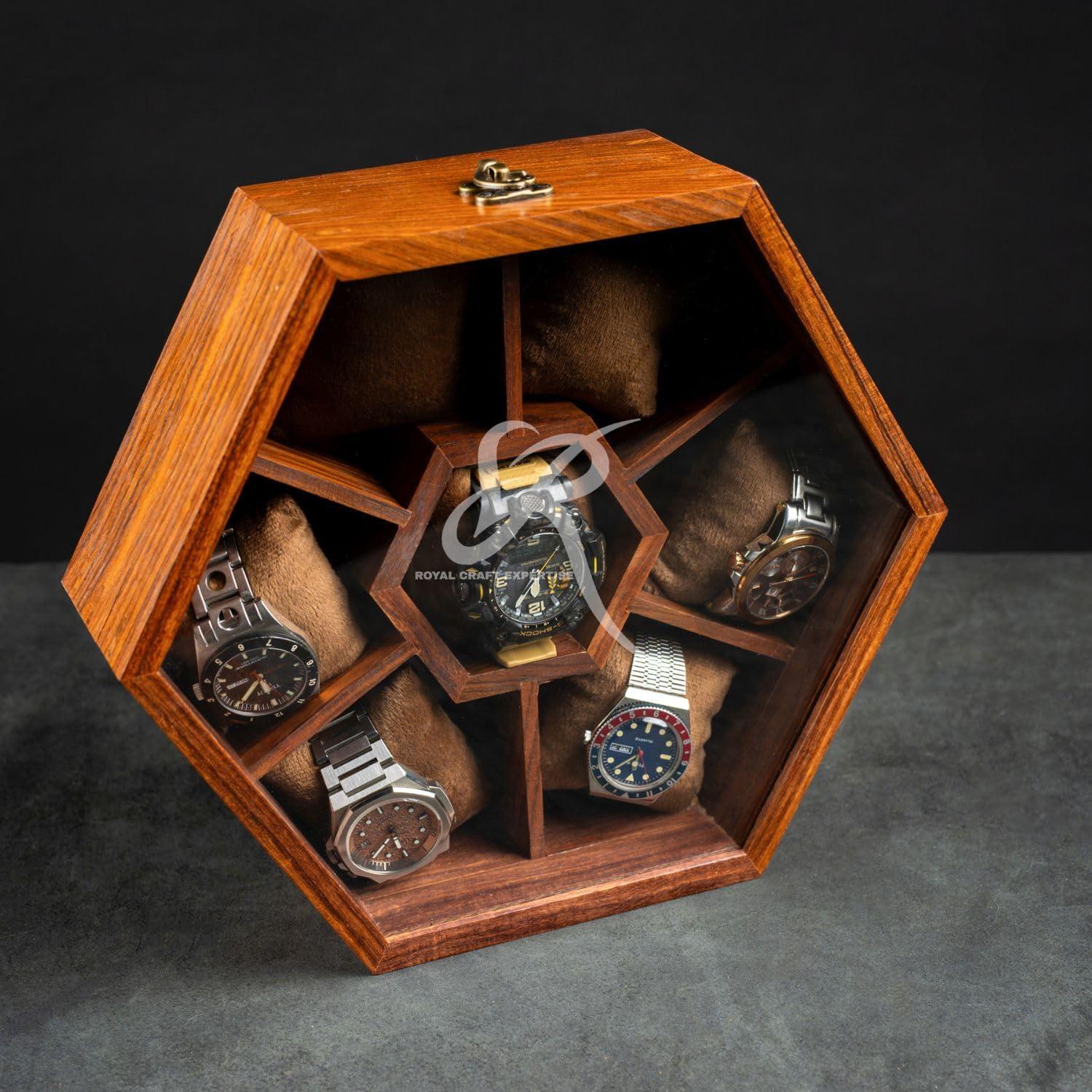 Premium 7-Slot Wooden Timepiece Display Case – Handcrafted Honeycomb Watch Box for Men in Superior Indian Rosewood | Hinged Glass Cover – Father’s Day Gift – Luxury Built to Last - Handmade Lifestyle Shop